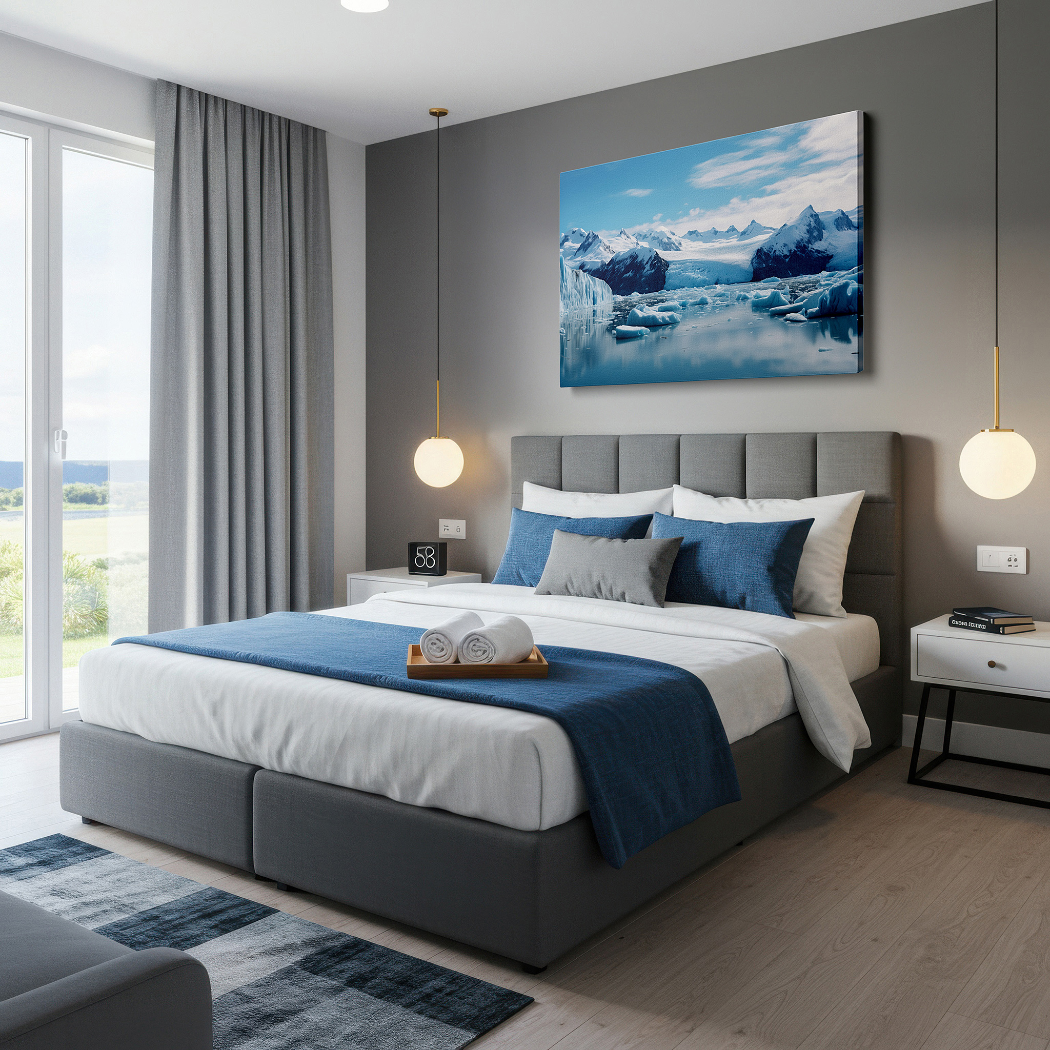 The 75×50 cm version anchors medium rooms without dominating them — majestic icebergs and towering mountains in a serene icy wilderness: large canvas wall art for office and bedroom decor