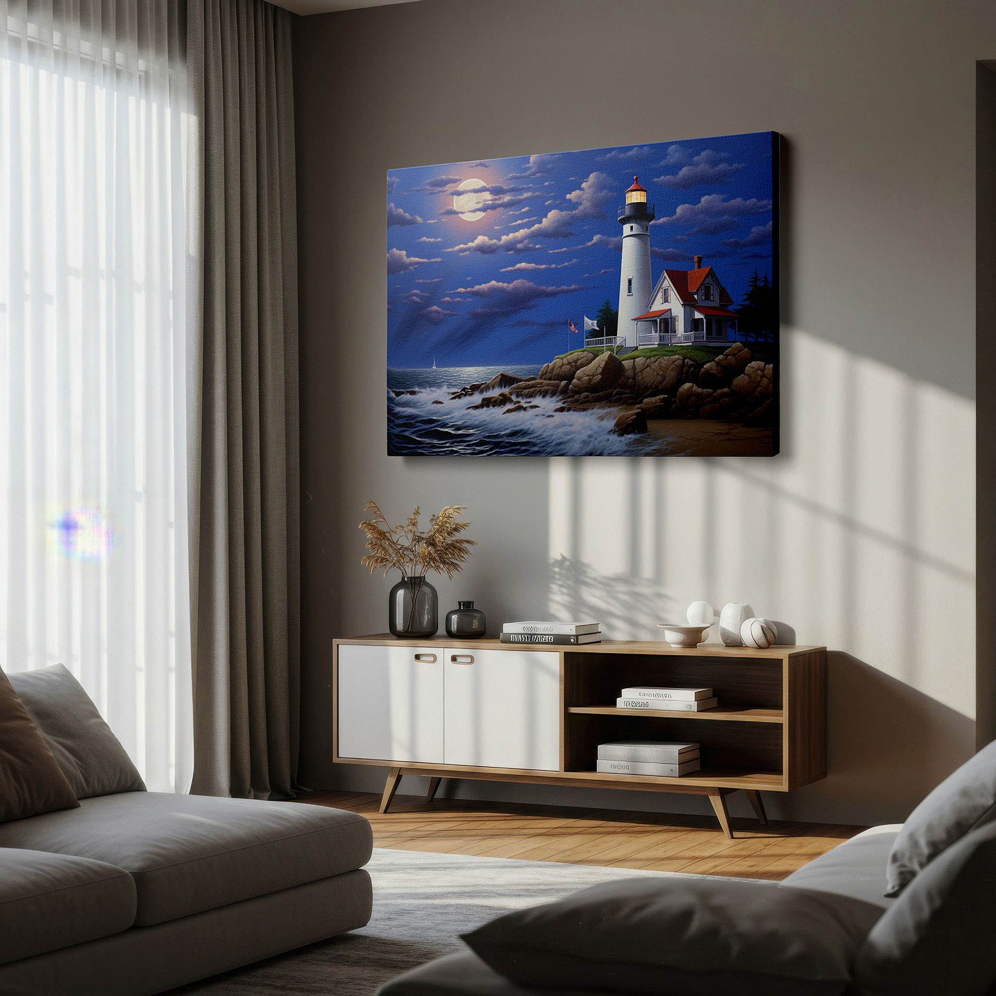 The 75×50 cm version anchors medium rooms without dominating them — majestic lighthouse amidst stormy seas under the mystical moonlight large wall art, canvas wall art, wall decor for office and bedroom