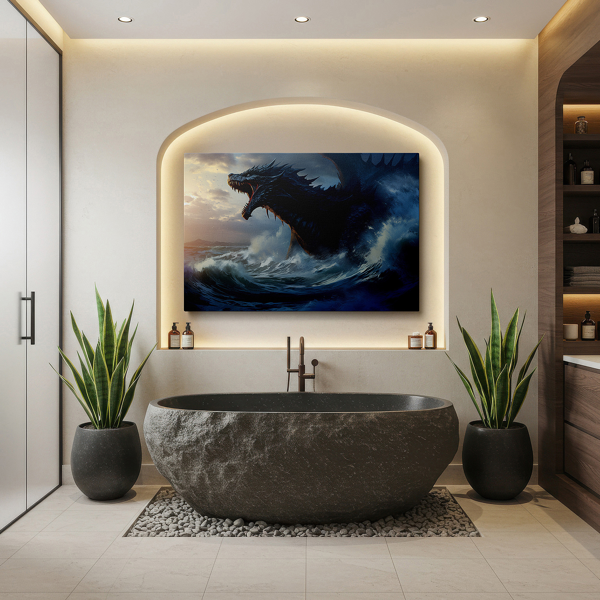 The 75×50 cm version anchors medium rooms without dominating them — majestic sea creature emerging from the ocean under twilight skies - large canvas wall art for office and bedroom decor