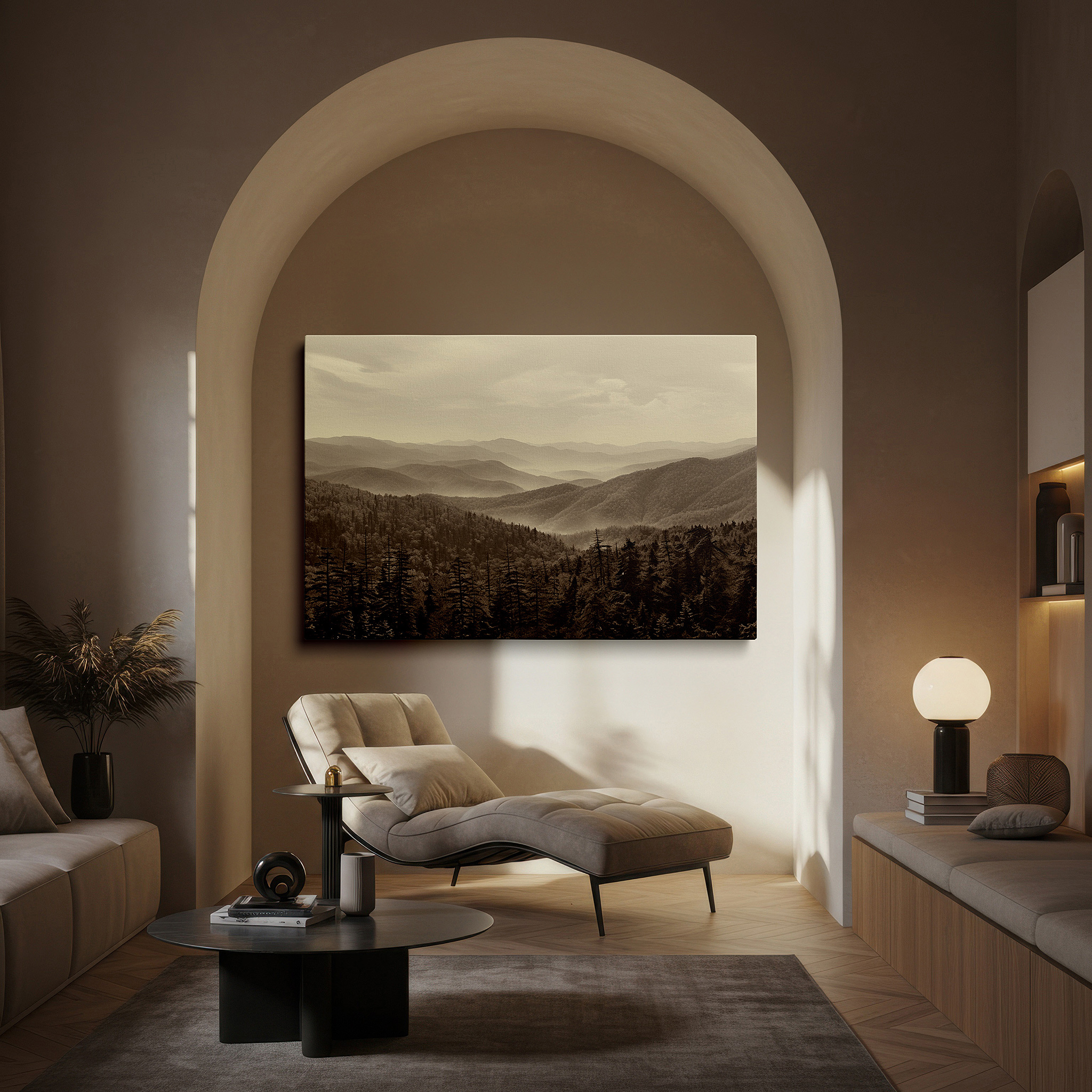 The 75×50 cm version anchors medium rooms without dominating them — misty ethereal mountains, tranquil panoramic large wall art for serene spaces, canvas wall art, wall decor for office and bedroom