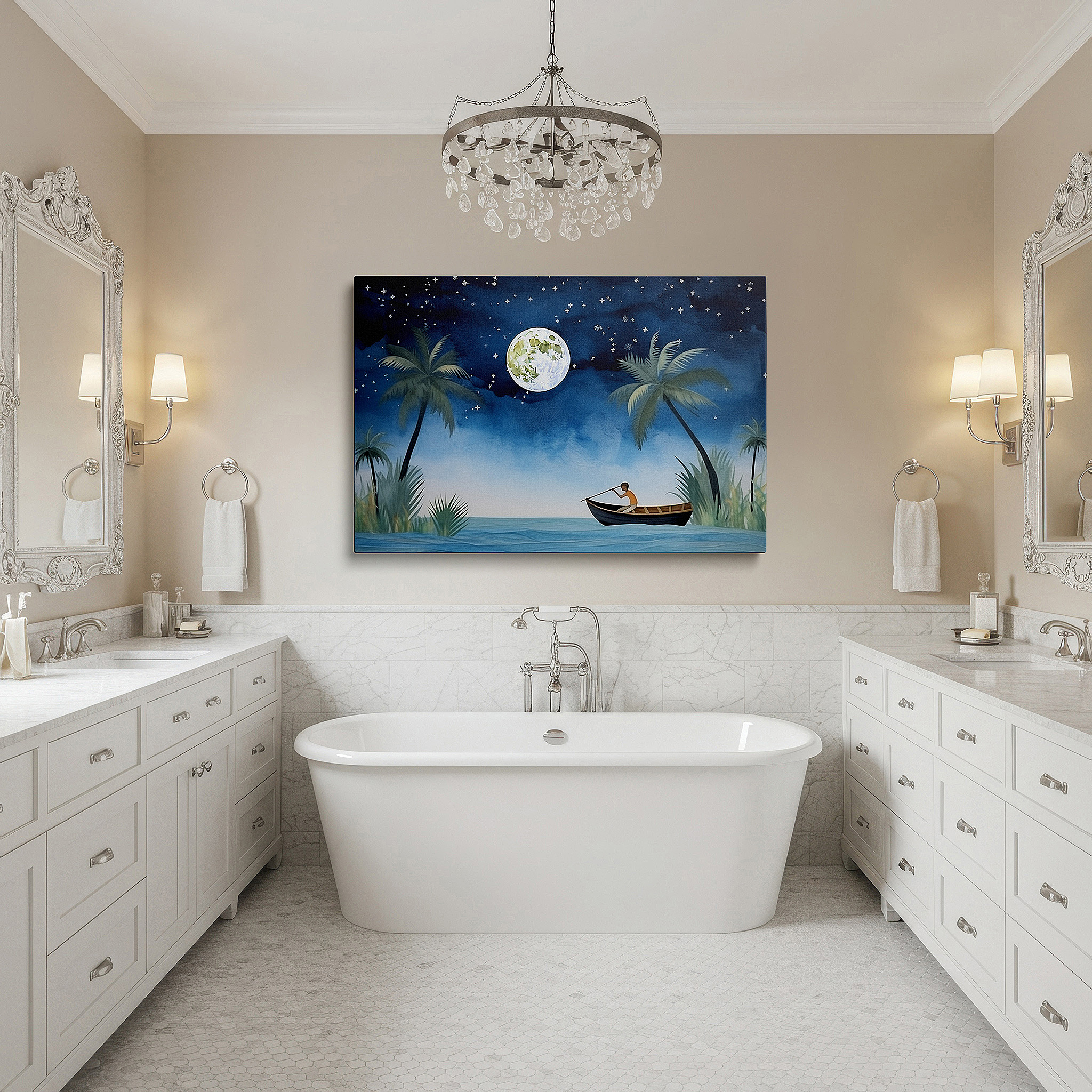 The 75×50 cm version anchors medium rooms without dominating them — moonlit serenity: solitary rower and silhouetted palms wall art - large canvas for office, bedroom, and living room decor