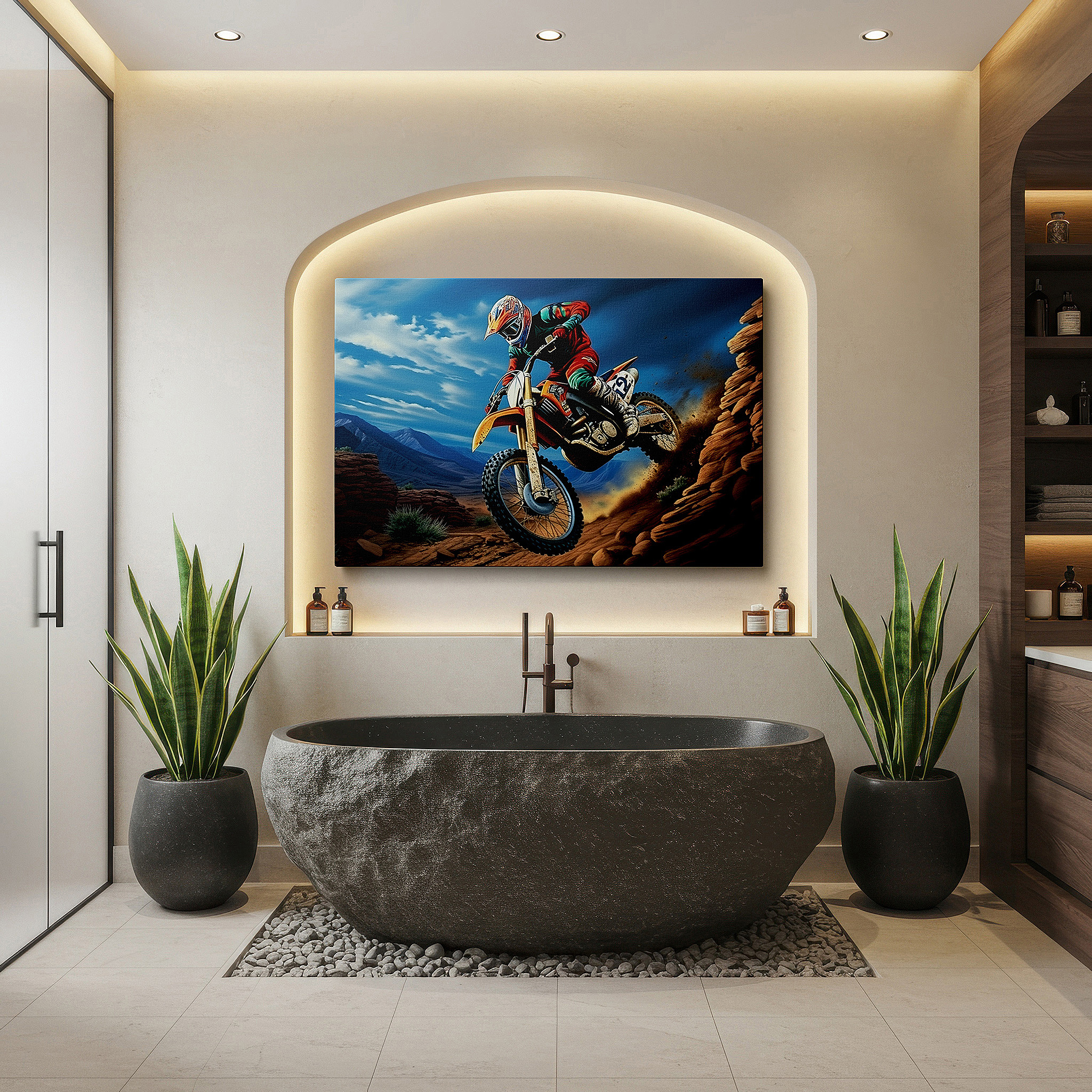 The 75×50 cm version anchors medium rooms without dominating them — motocross racing excitement frozen mid-air over tough terrain - large wall art, canvas, decor for office and bedroom