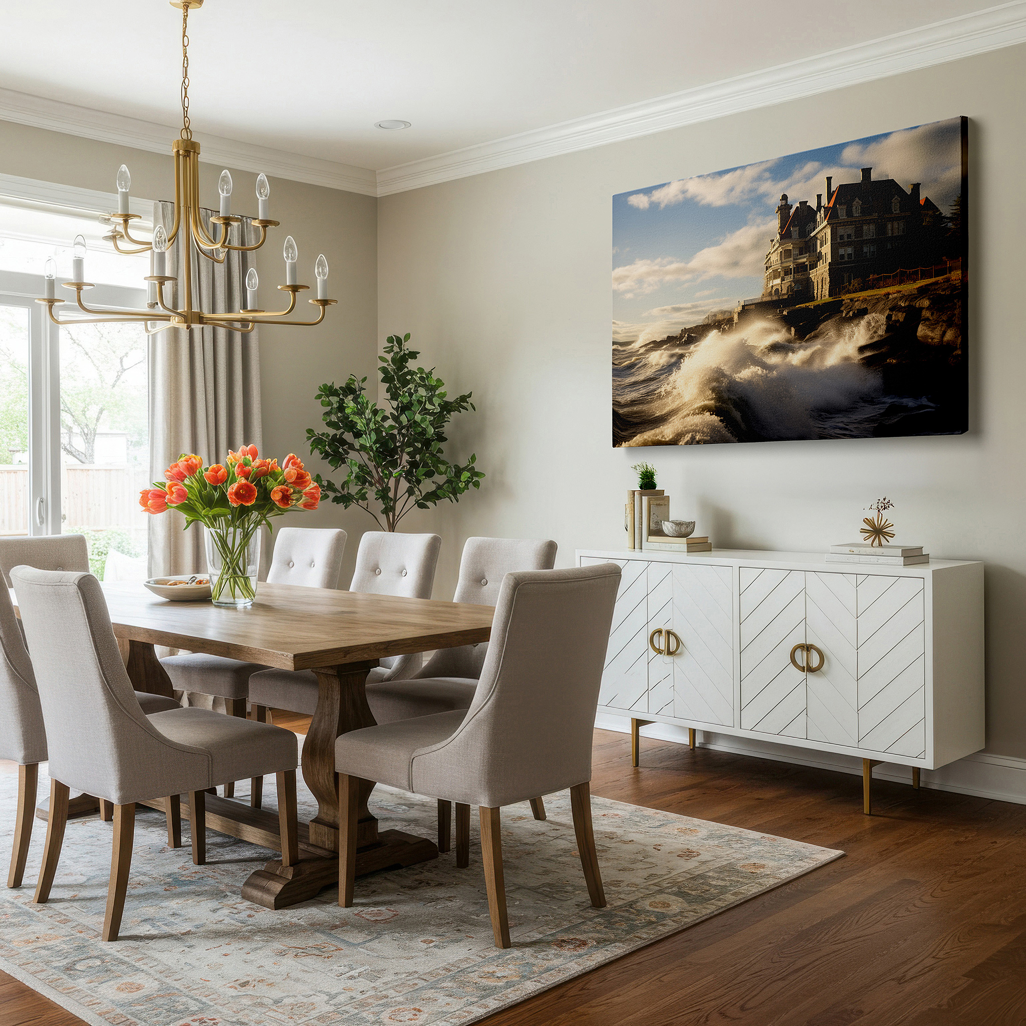 The 75×50 cm version anchors medium rooms without dominating them — nature's fury and sunset symphony: tension and harmony in a historic mansion - large canvas wall art for office and bedroom decor