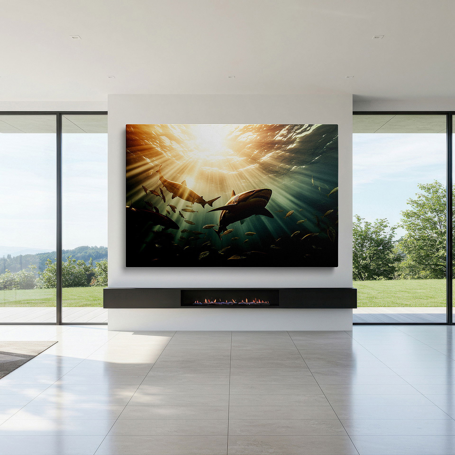 The 75×50 cm version anchors medium rooms without dominating them — ocean serenity: sunlit sharks and colorful marine life - large canvas wall art for office, bedroom, and living room decor