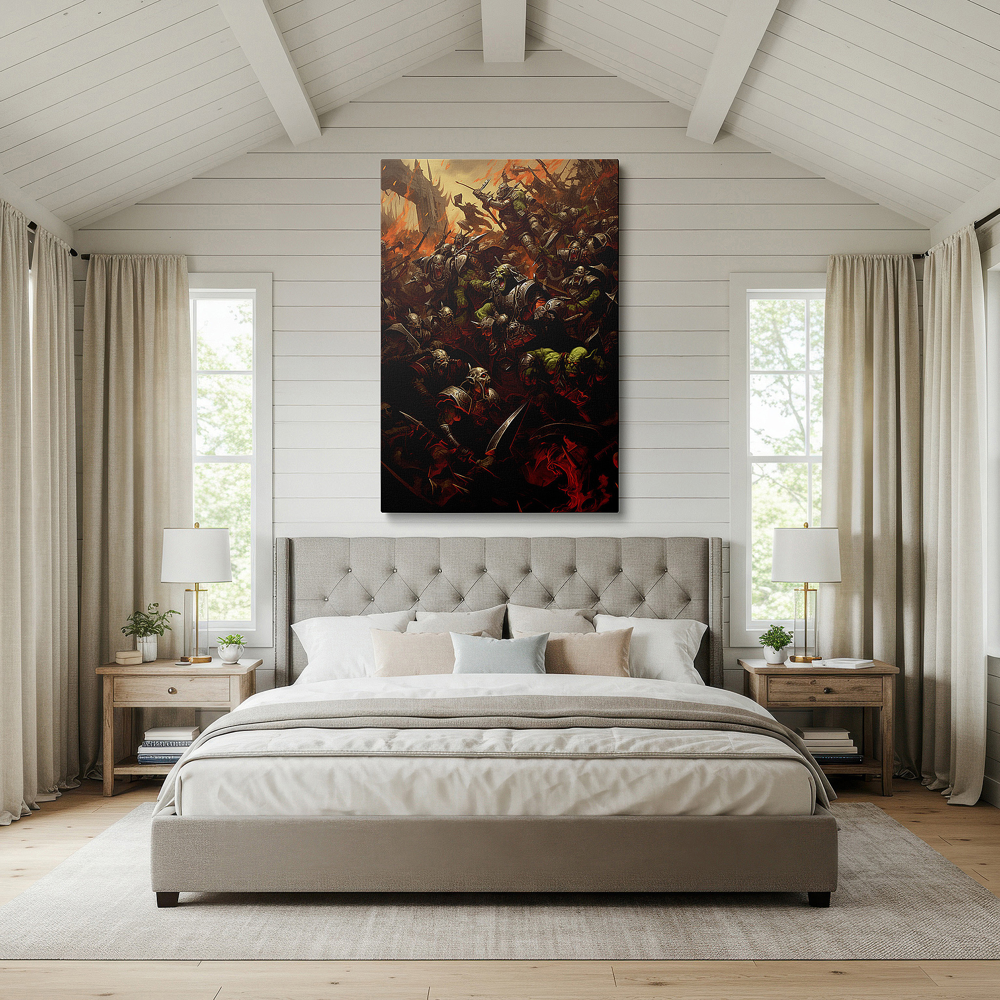 The 75×50 cm version anchors medium rooms without dominating them — orc warriors epic battle large canvas wall art - mythical inferno theme for office, bedroom, and living room decor