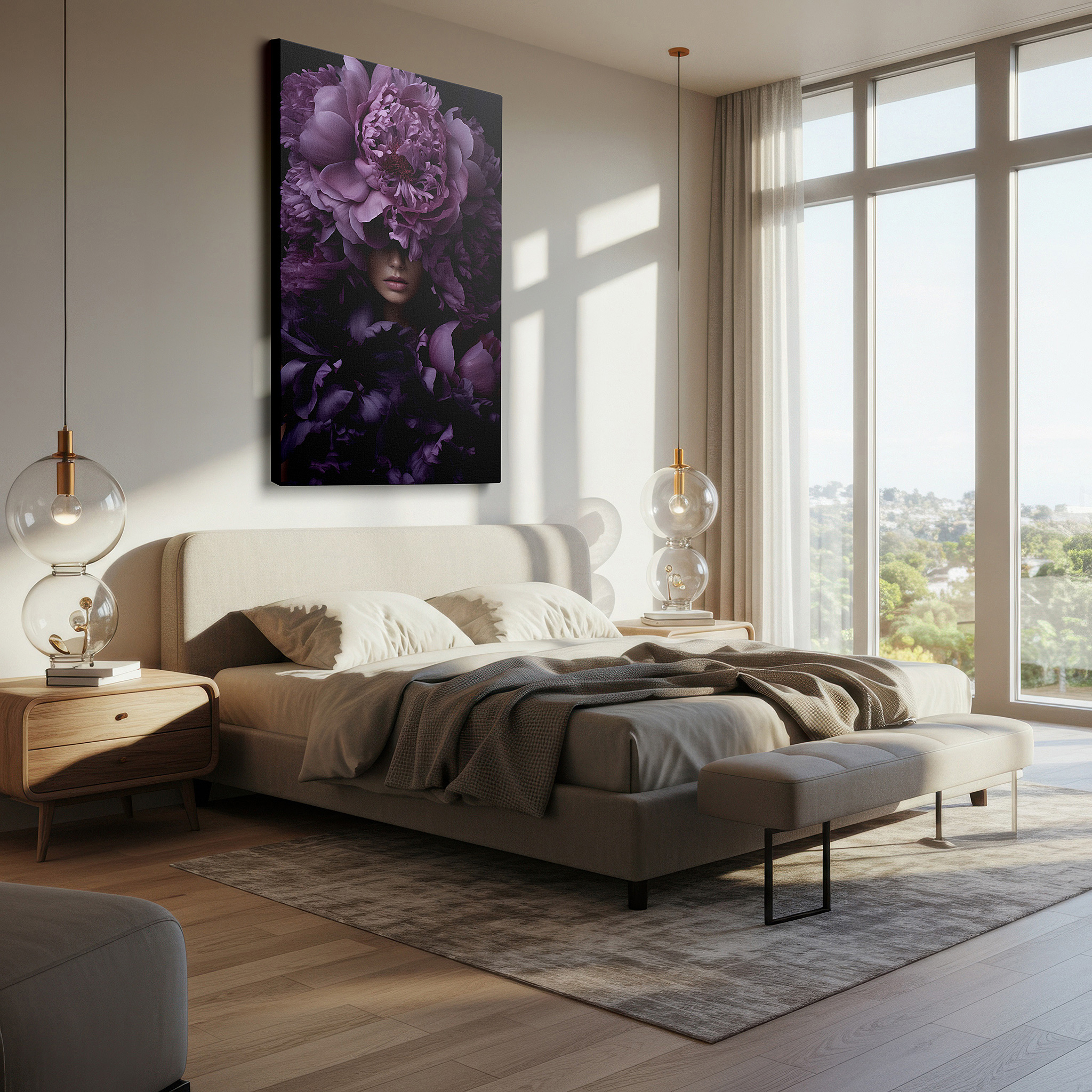 The 75×50 cm version anchors medium rooms without dominating them — purple peonies and serene model with floral crown large wall art, canvas wall art, wall decor for office and bedroom