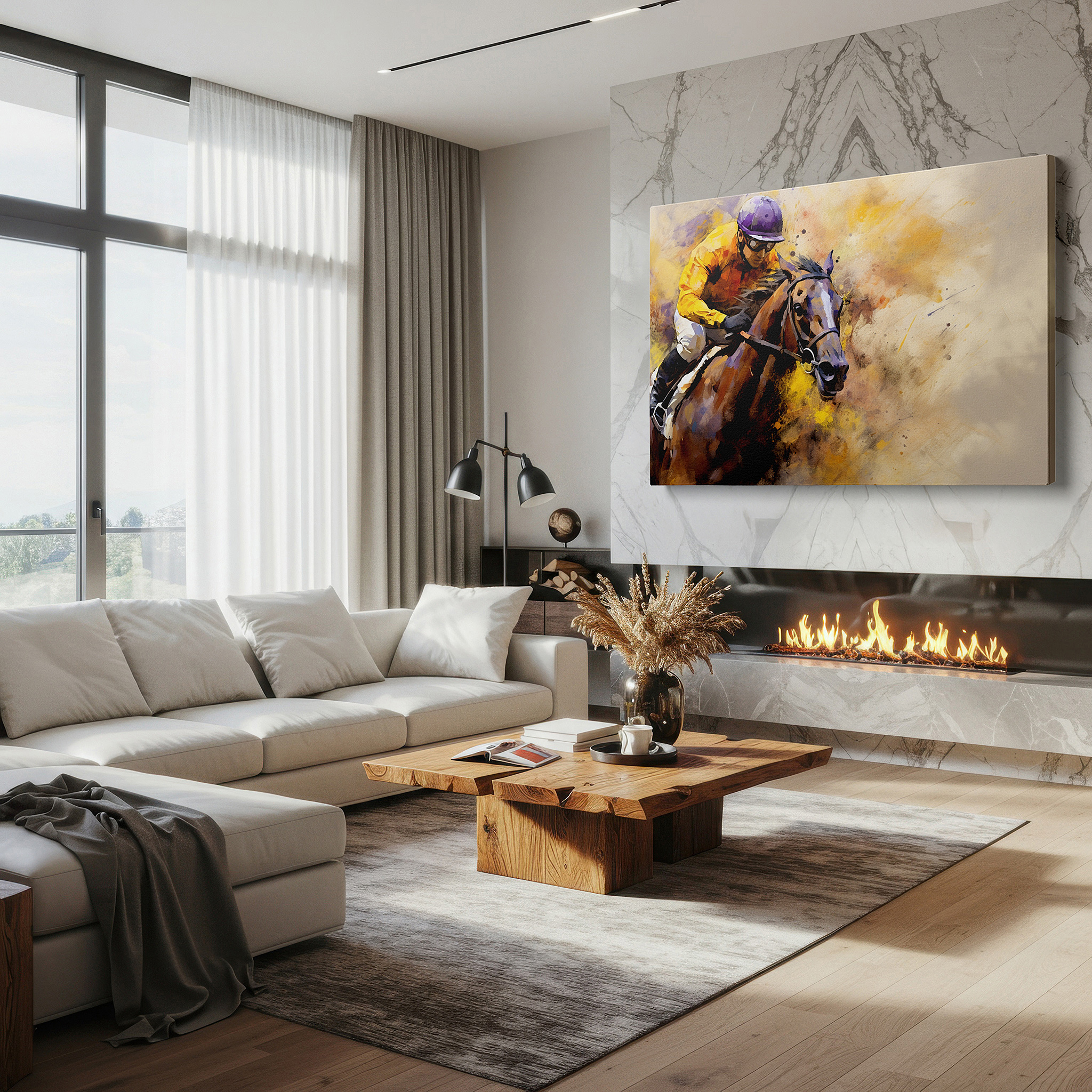 The 75×50 cm version anchors medium rooms without dominating them — racehorse in action - celebrating speed and power, large canvas wall art for office and bedroom decor