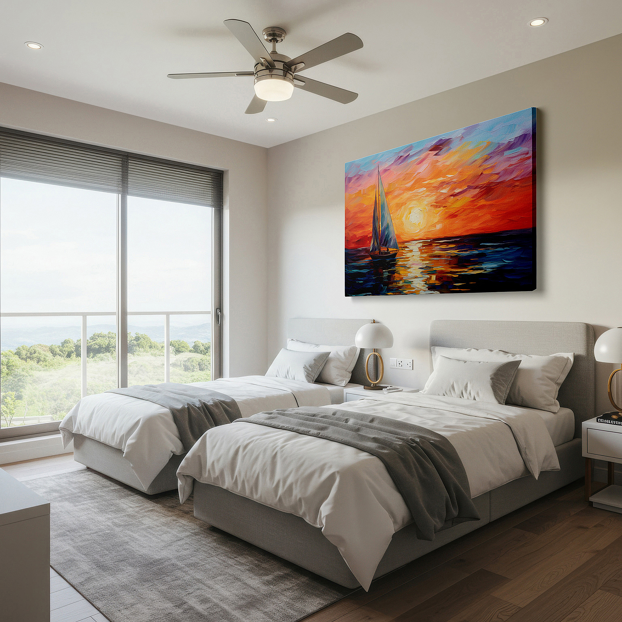 The 75×50 cm version anchors medium rooms without dominating them — sailboat gliding across shimmering waters under a mesmerizing sunset - large canvas wall art for office and bedroom decor