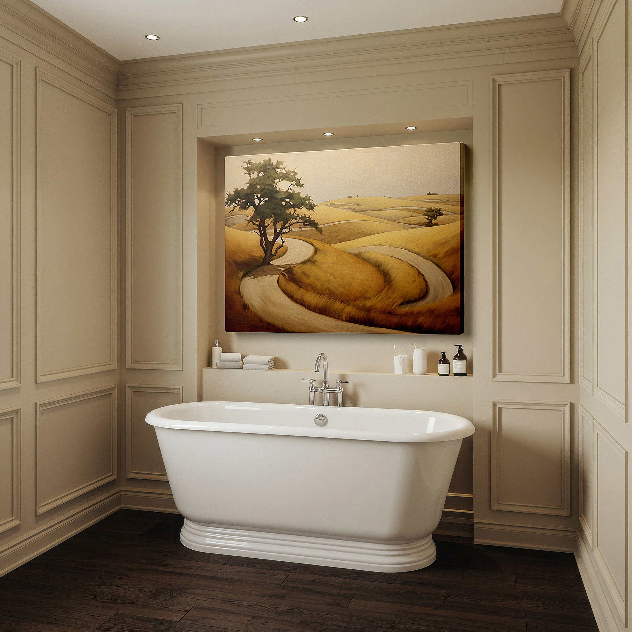 The 75×50 cm version anchors medium rooms without dominating them — serene abstract landscape featuring rolling hills and a lone tree - large canvas wall art for home and office decor