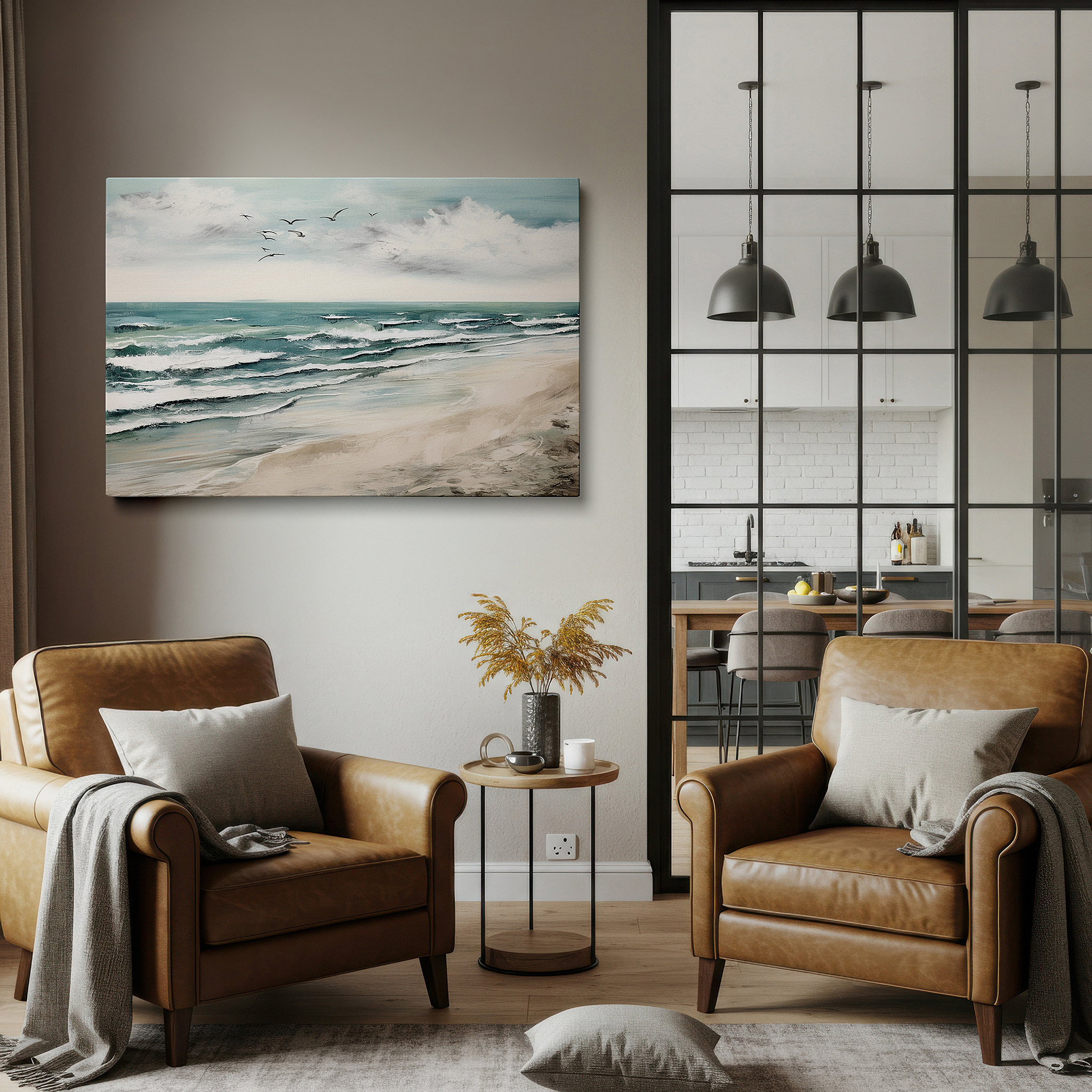 The 75×50 cm version anchors medium rooms without dominating them — serene beach scene with gentle waves and soft sky: tranquil coastal escape large wall art, canvas wall art, wall decor for office and bedroom