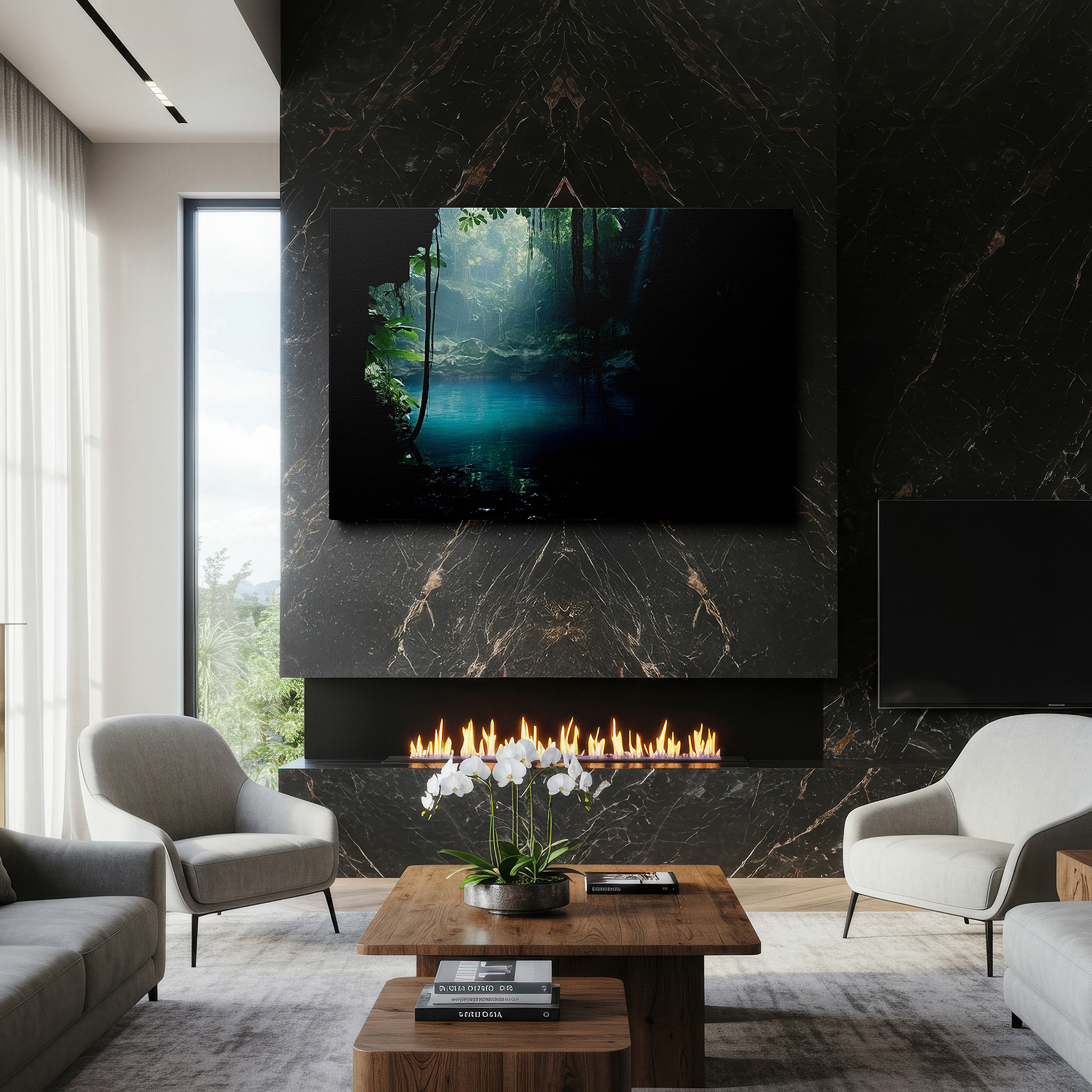 The 75×50 cm version anchors medium rooms without dominating them — serene cave pool surrounded by verdant greenery and soft light - oversized wall art, canvas print, home and office decor, suitable for living rooms and bedrooms
