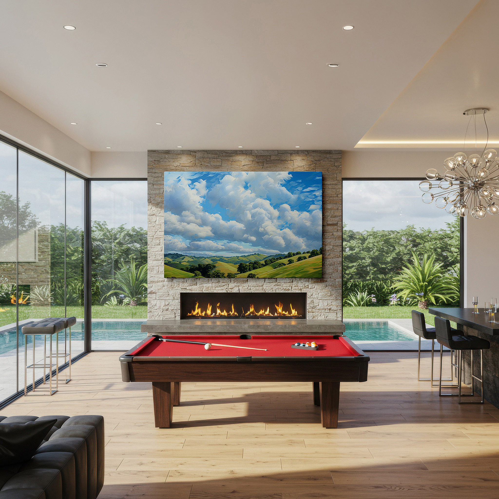 The 75×50 cm version anchors medium rooms without dominating them — serene countryside landscape: a tranquil escape into nature's beauty - large canvas wall art for office and bedroom decor