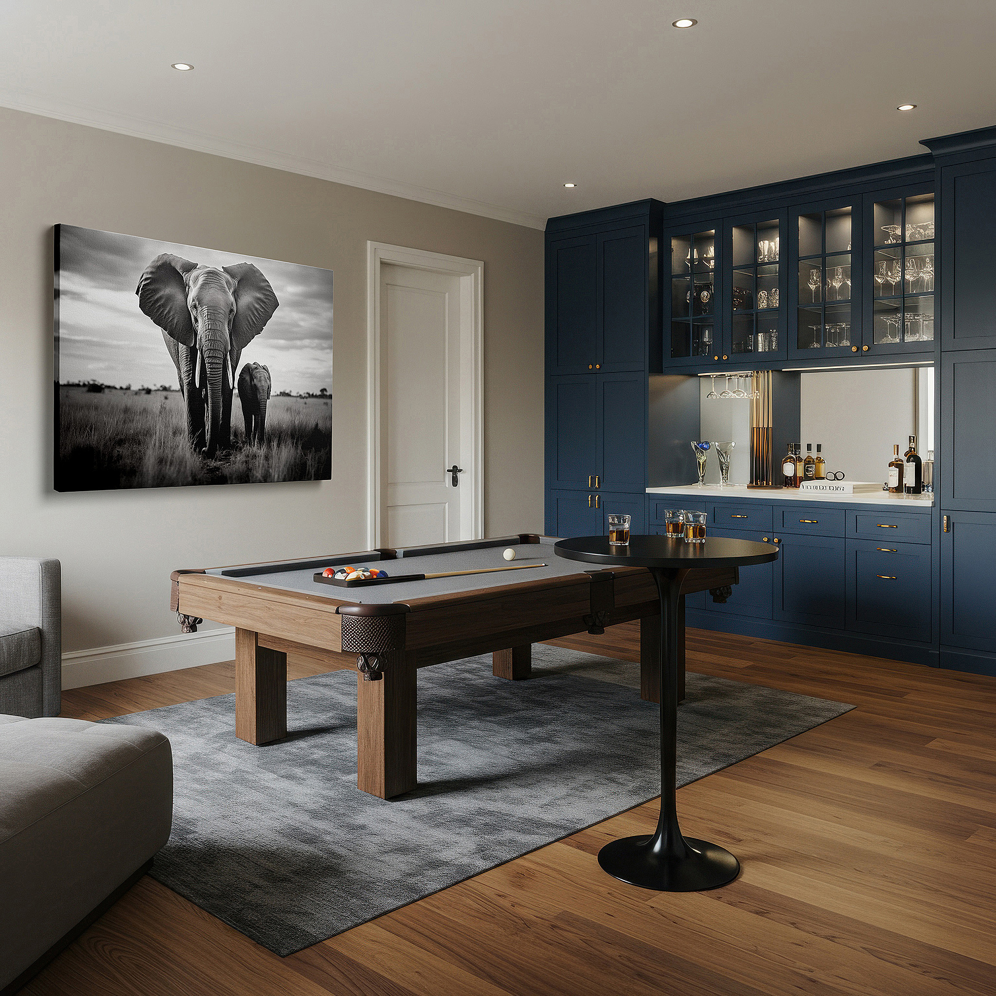 The 75×50 cm version anchors medium rooms without dominating them — serene elephants beneath a cloudy sky - tranquil wildlife scene large wall art, canvas wall art, wall decor for office and bedroom