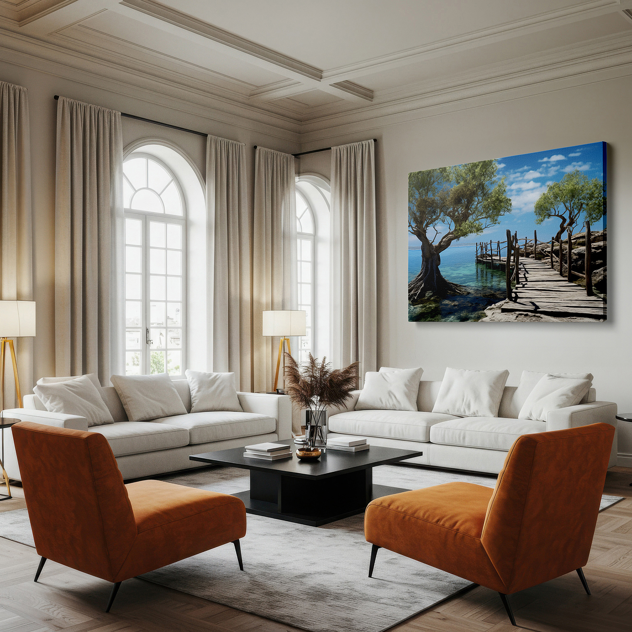 The 75×50 cm version anchors medium rooms without dominating them — serene escape: scenic wooden pathway over turquoise waters - large canvas wall art for office and bedroom decor