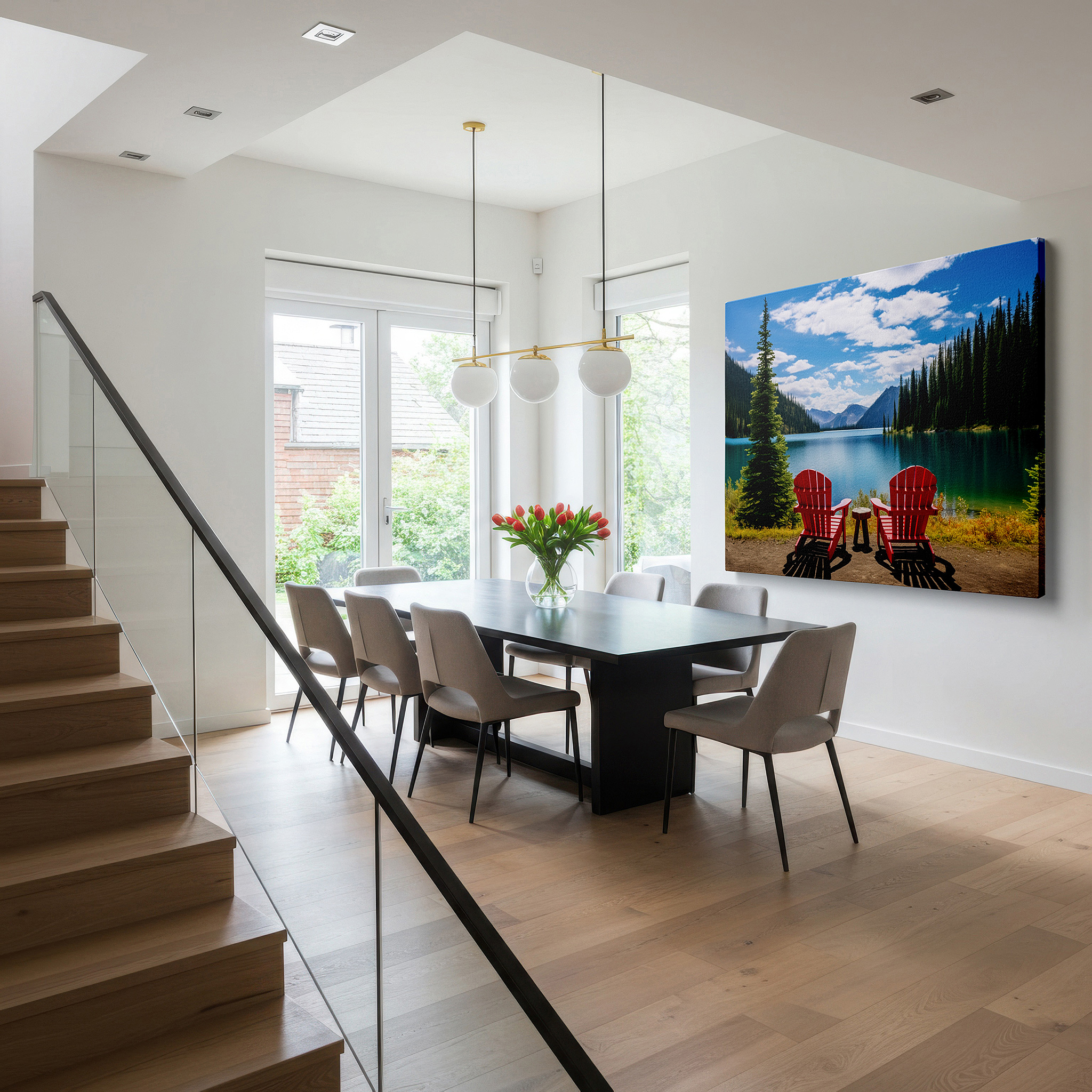 The 75×50 cm version anchors medium rooms without dominating them — serene lakeside escape featuring red lounge chairs surrounded by verdant foliage: large wall art, canvas wall art, wall decor for office and bedroom