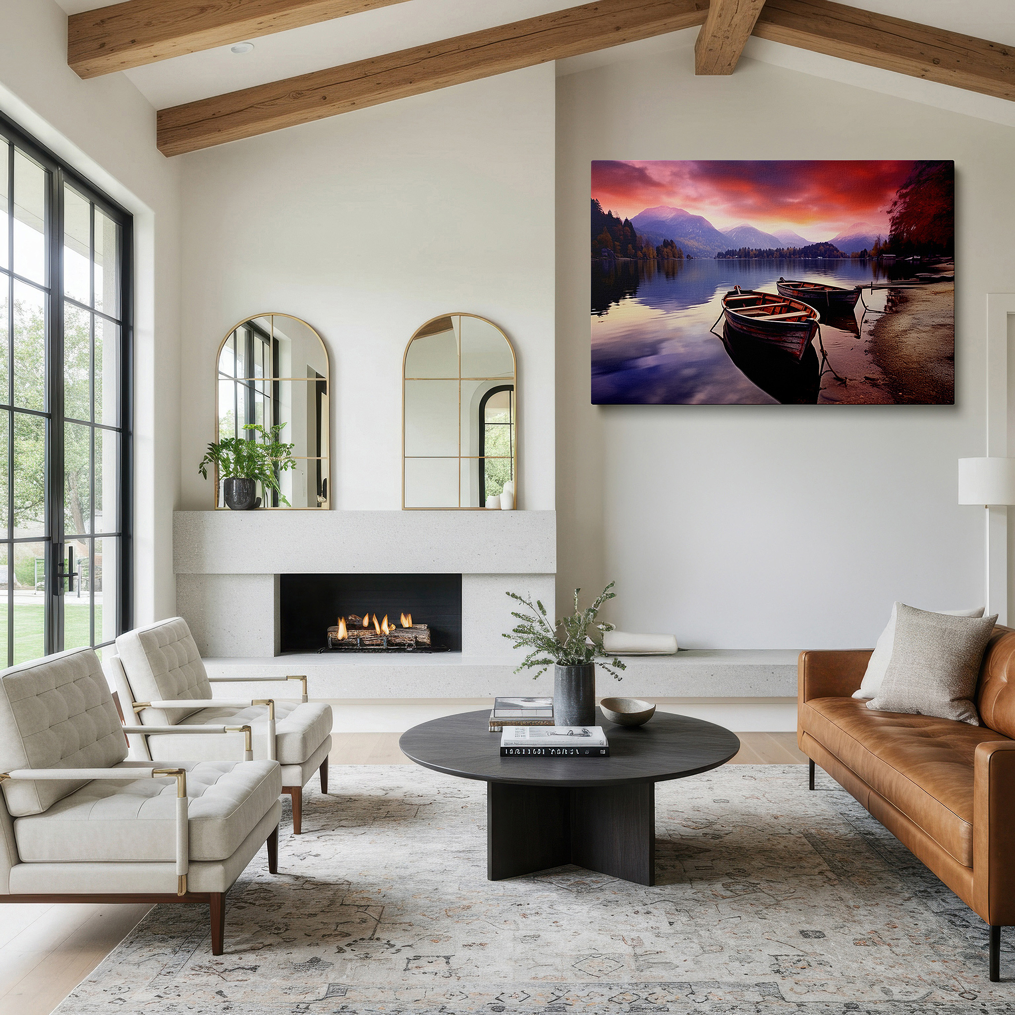 The 75×50 cm version anchors medium rooms without dominating them — serene lakeside sunset featuring rowboats and stunning mountain reflections - large canvas wall art for office and bedroom decor