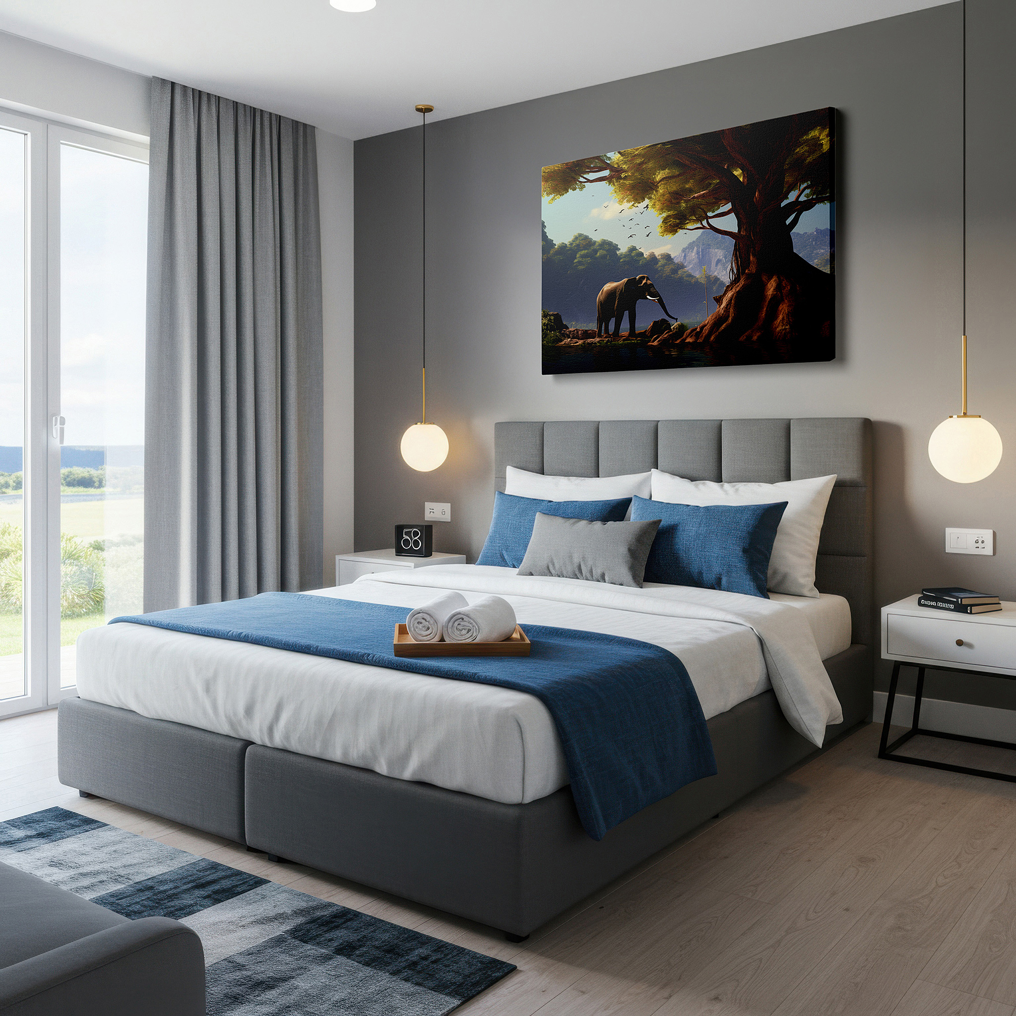 The 75×50 cm version anchors medium rooms without dominating them — serene majesty of a solitary elephant beside a towering tree in a peaceful nature scene large wall art, canvas wall art, wall decor, office wall art