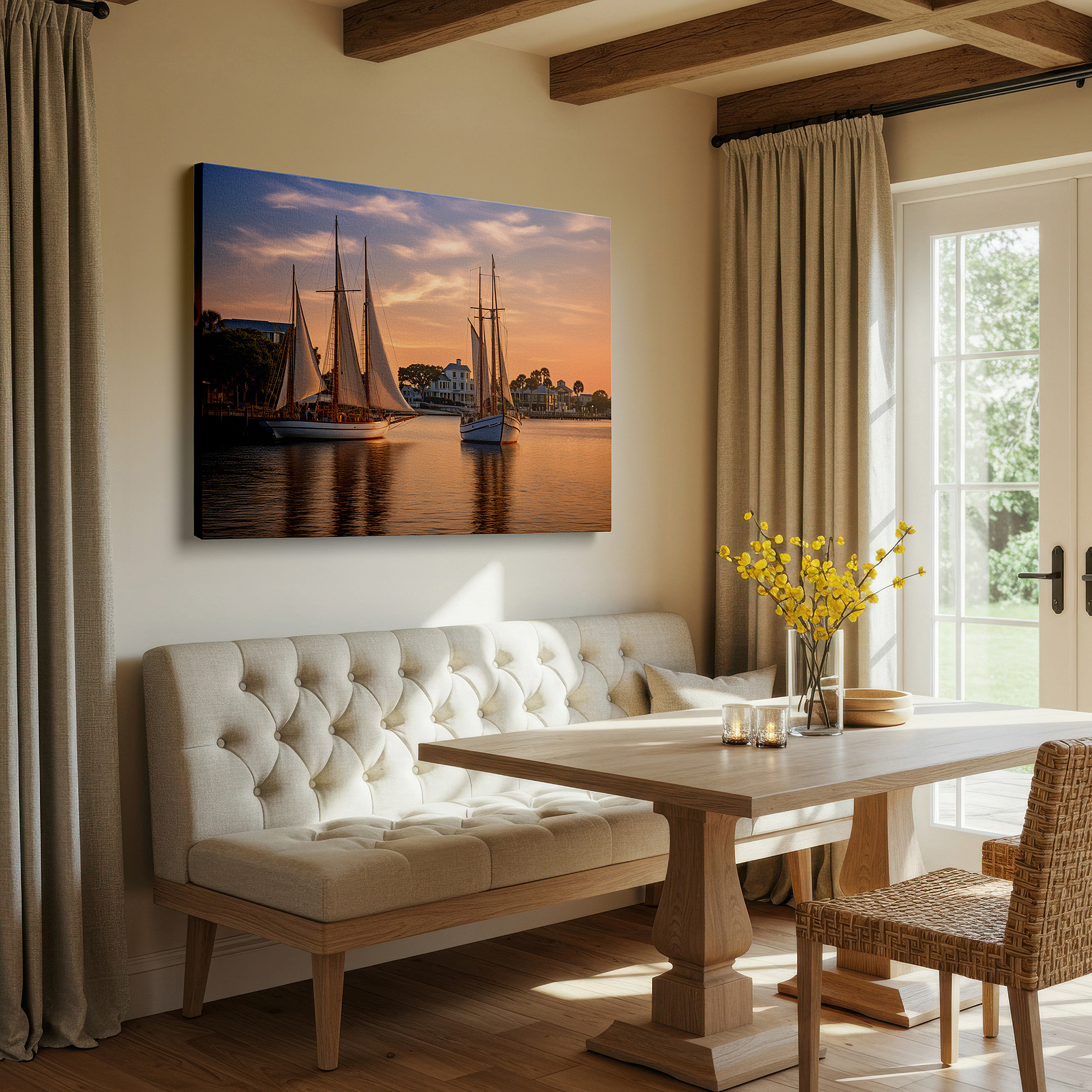The 75×50 cm version anchors medium rooms without dominating them — serene maritime sunset scene featuring elegant sailing vessels - large canvas wall art for office, bedroom, and living room decor