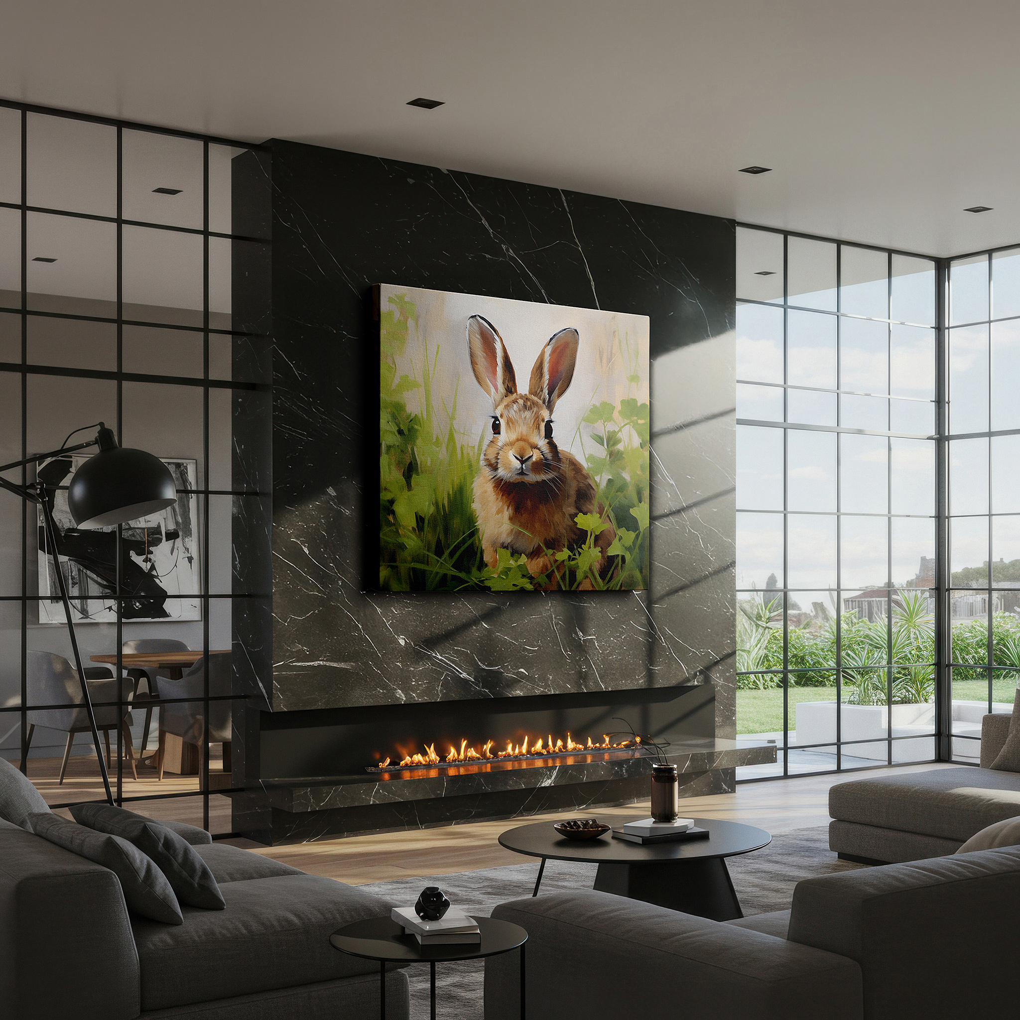 The 75×50 cm version anchors medium rooms without dominating them — serene rabbit in lush greenery: a vivid glimpse into the peaceful world of wildlife - large canvas wall art for home and office decor