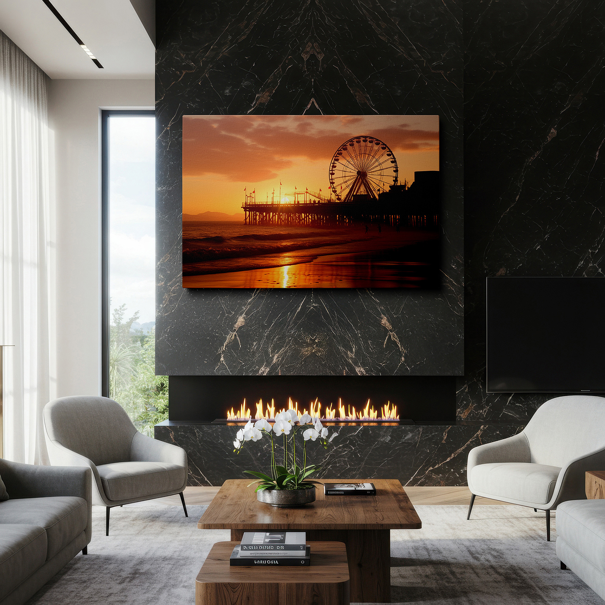 The 75×50 cm version anchors medium rooms without dominating them — serene sunset beach scene with silhouetted ferris wheel - large canvas wall art for office, bedroom, and living room decor