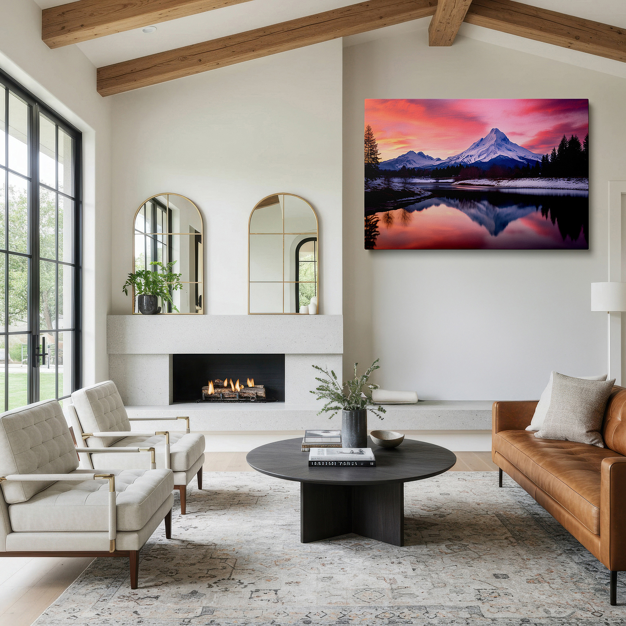 The 75×50 cm version anchors medium rooms without dominating them — serene sunset reflections on majestic mountains in lake waters - large canvas wall art for office, bedroom, and living room decor