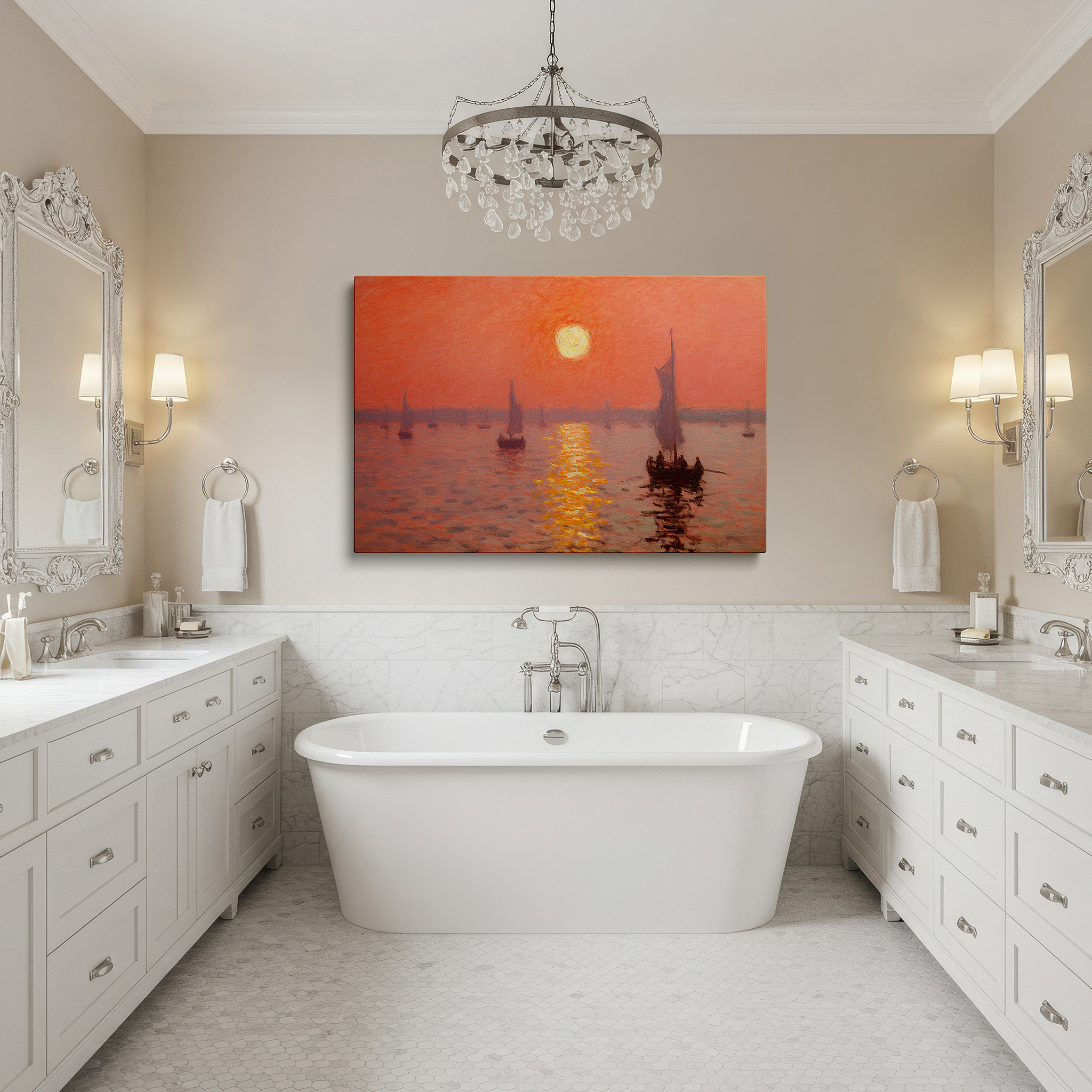The 75×50 cm version anchors medium rooms without dominating them — serene sunset and silhouetted sailing boats over tranquil waters large canvas wall art for office and bedroom decor