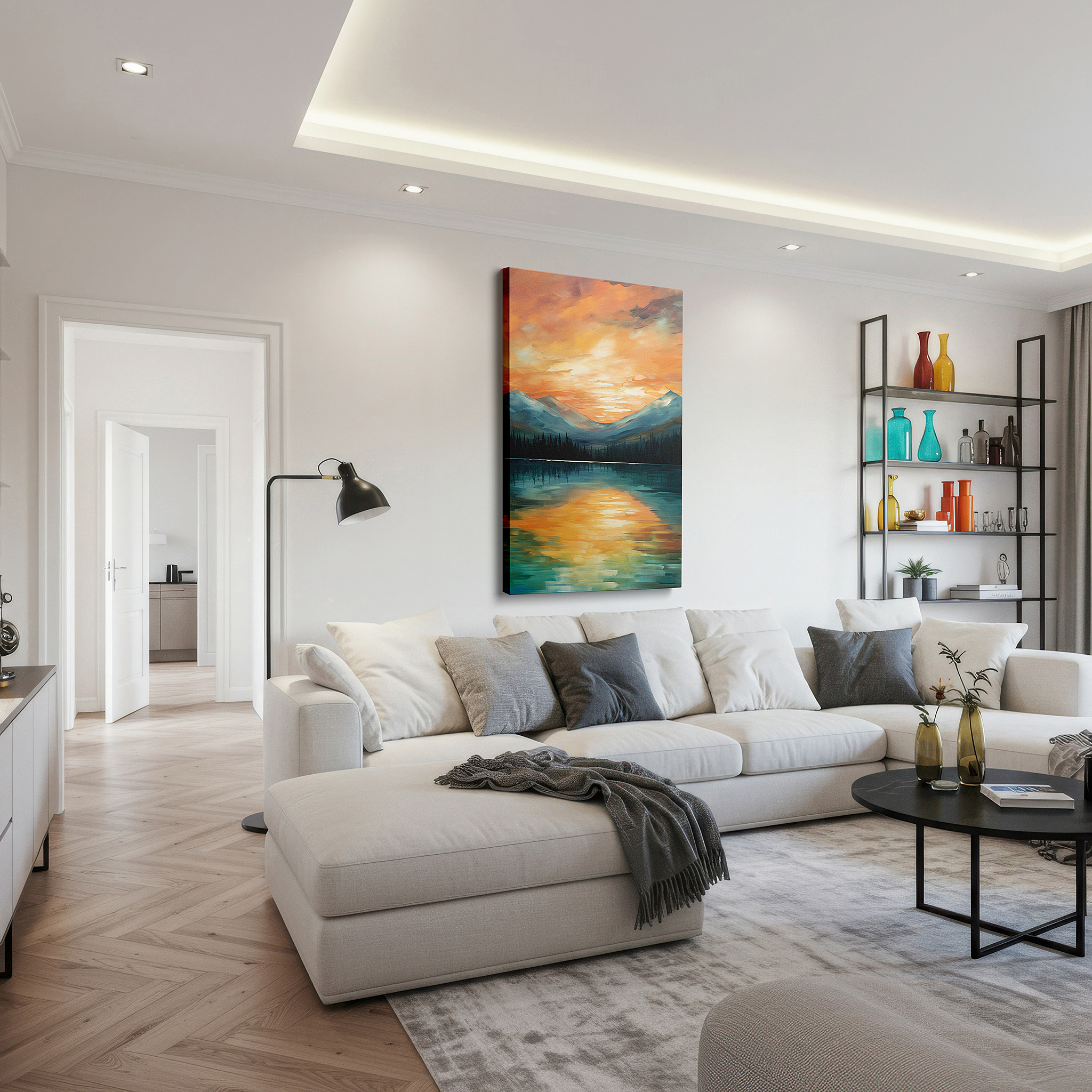 The 75×50 cm version anchors medium rooms without dominating them — serene sunset over tranquil mountain lake - nature's beauty reflected in large wall art, canvas decor for office and bedroom