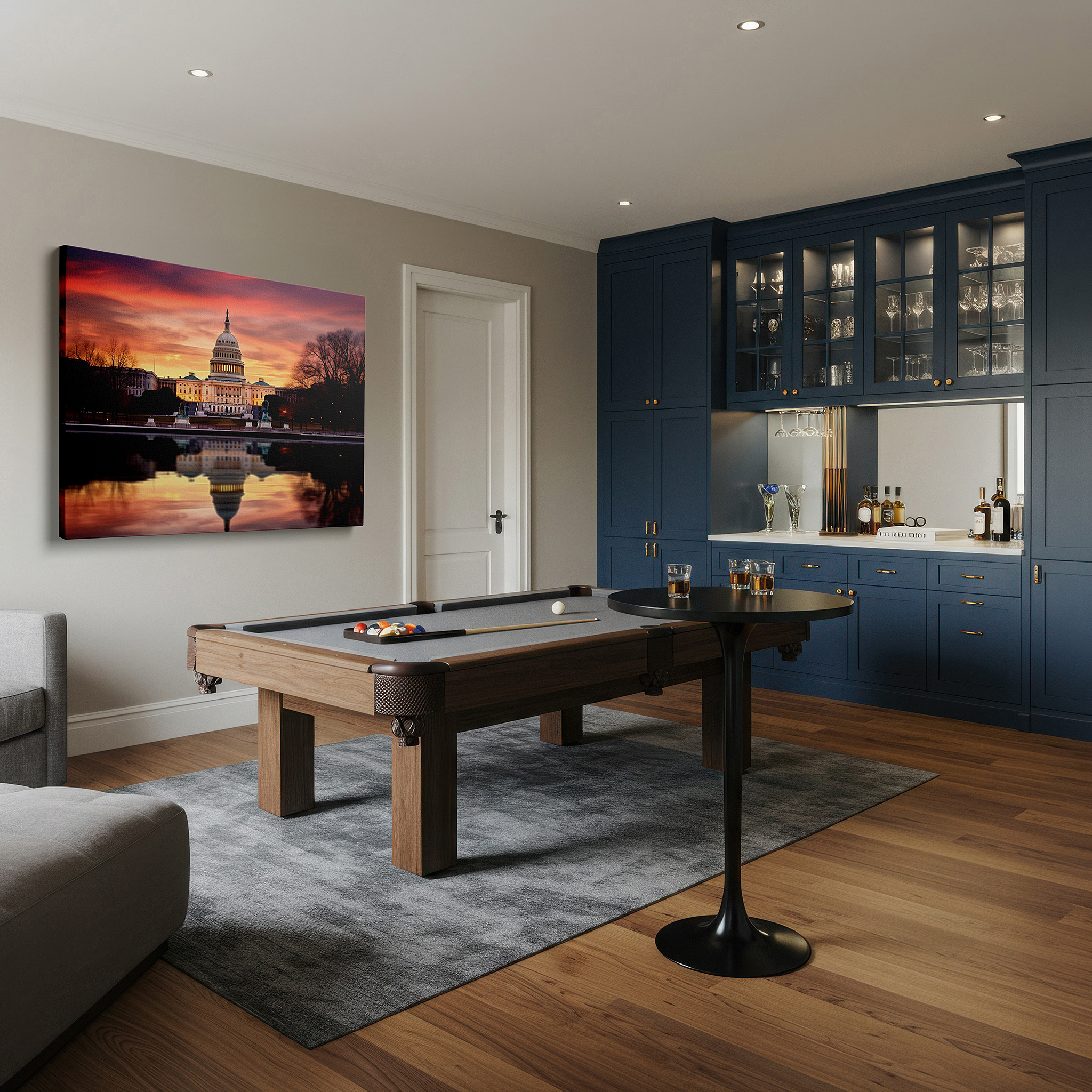 The 75×50 cm version anchors medium rooms without dominating them — serene sunset at the u.s. capitol: a symbol of democracy in warm hues - large canvas wall art for office and bedroom decor