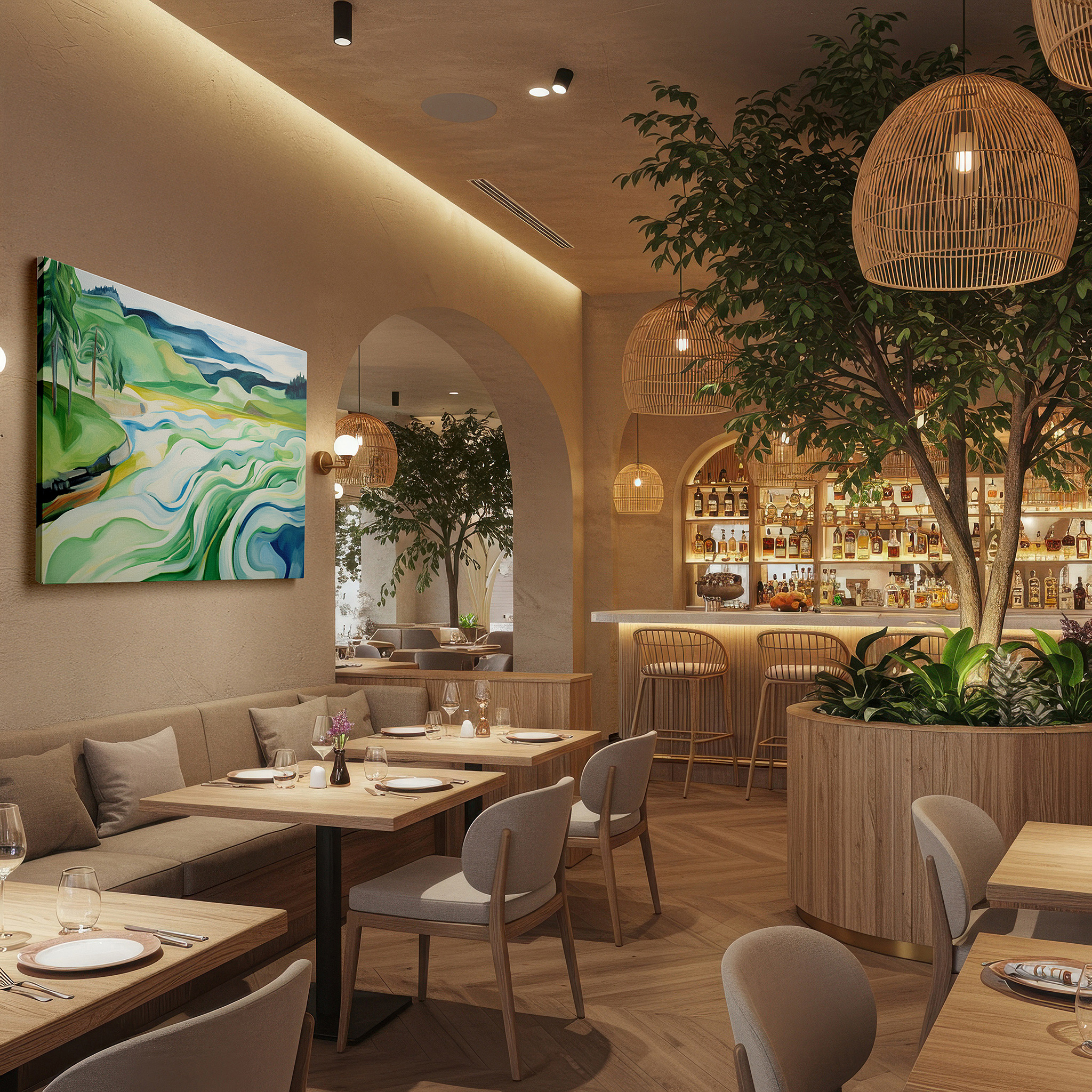 The 75×50 cm version anchors medium rooms without dominating them — serene waterscape featuring gentle hills and soft waves - tranquil mix of soft colors and abstract shapes, large wall art, canvas wall art