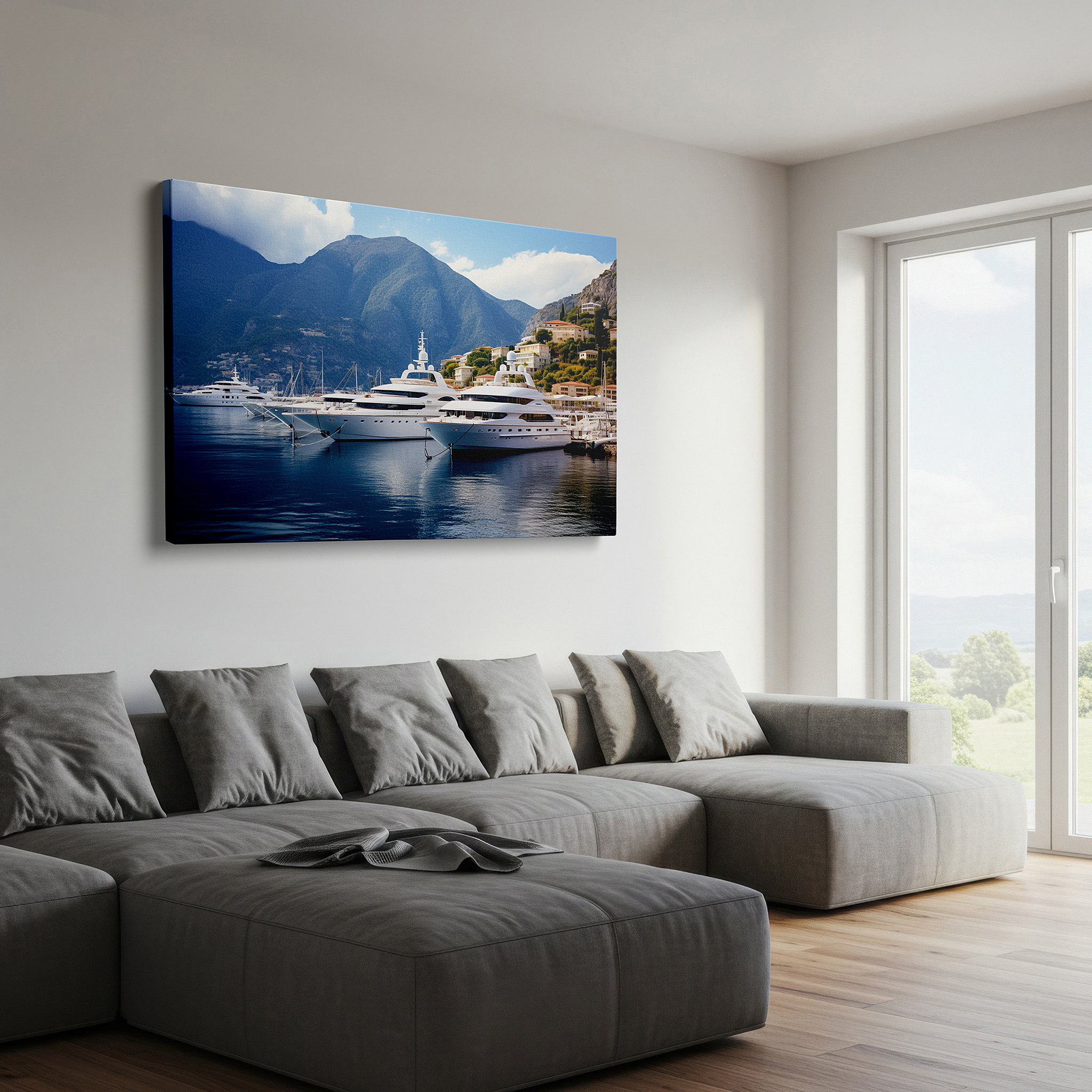 The 75×50 cm version anchors medium rooms without dominating them — serene yacht harbor elegance with majestic mountains and tranquil blue skies - large canvas wall art for office decor