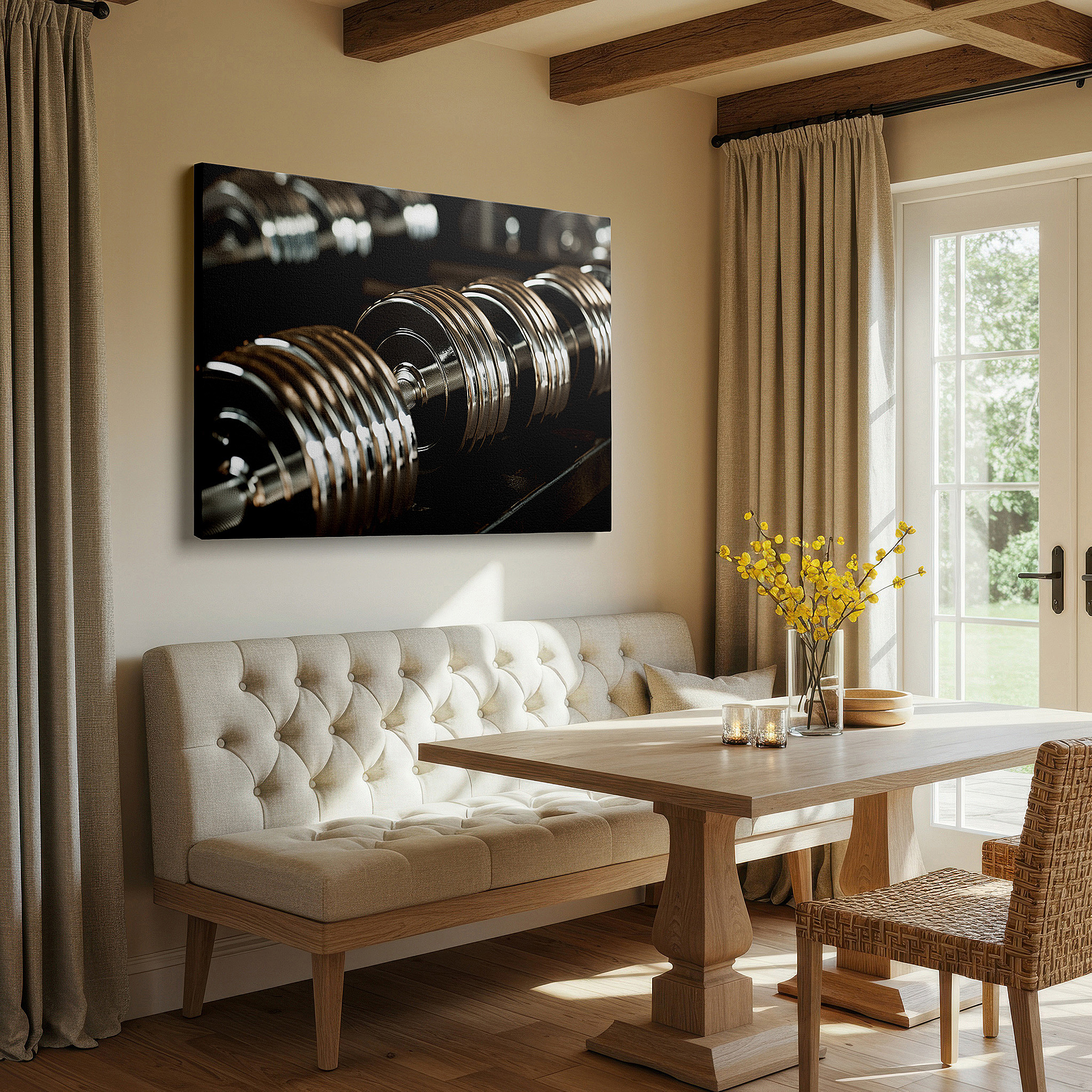 The 75×50 cm version anchors medium rooms without dominating them — shiny dumbbells showcased - emblematic of discipline and advancement in fitness, large wall art, canvas wall art, wall decor for office and bedroom