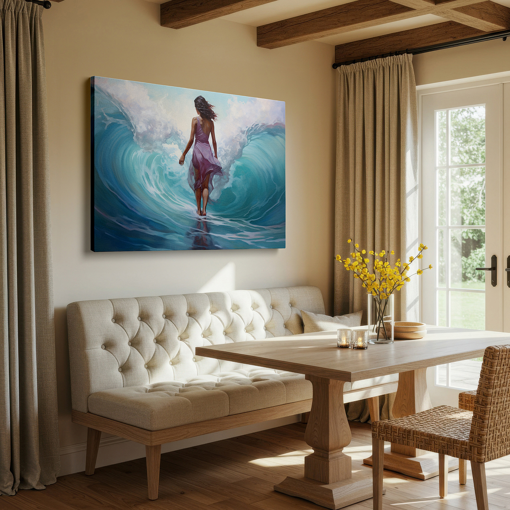The 75×50 cm version anchors medium rooms without dominating them — silhouetted dance by the ocean: a symphony of light and serenity - large canvas wall art for office and bedroom decor