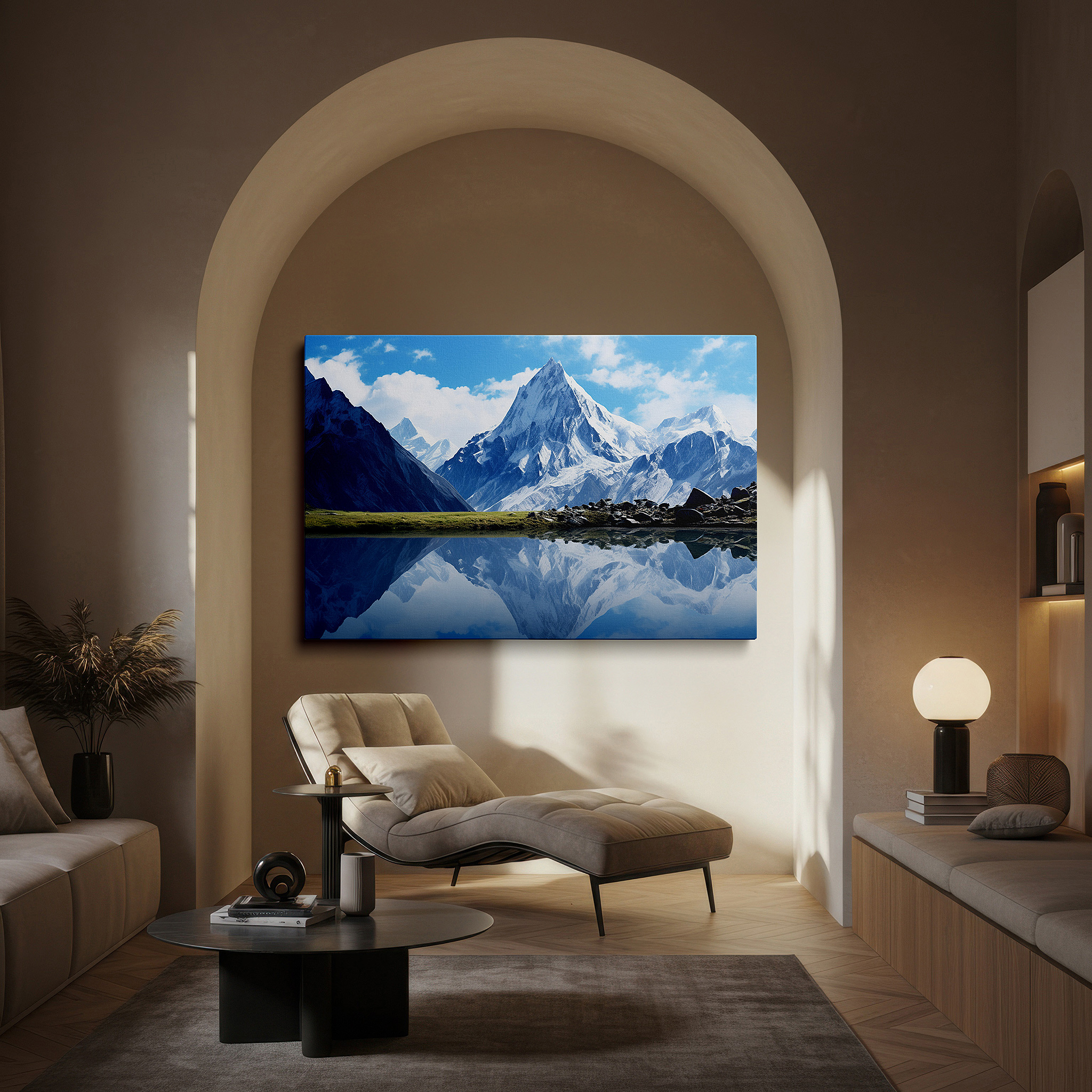 The 75×50 cm version anchors medium rooms without dominating them — snow-capped mountains and serene lake reflections - tranquil nature scene large wall art, canvas wall art, wall decor for office and bedroom