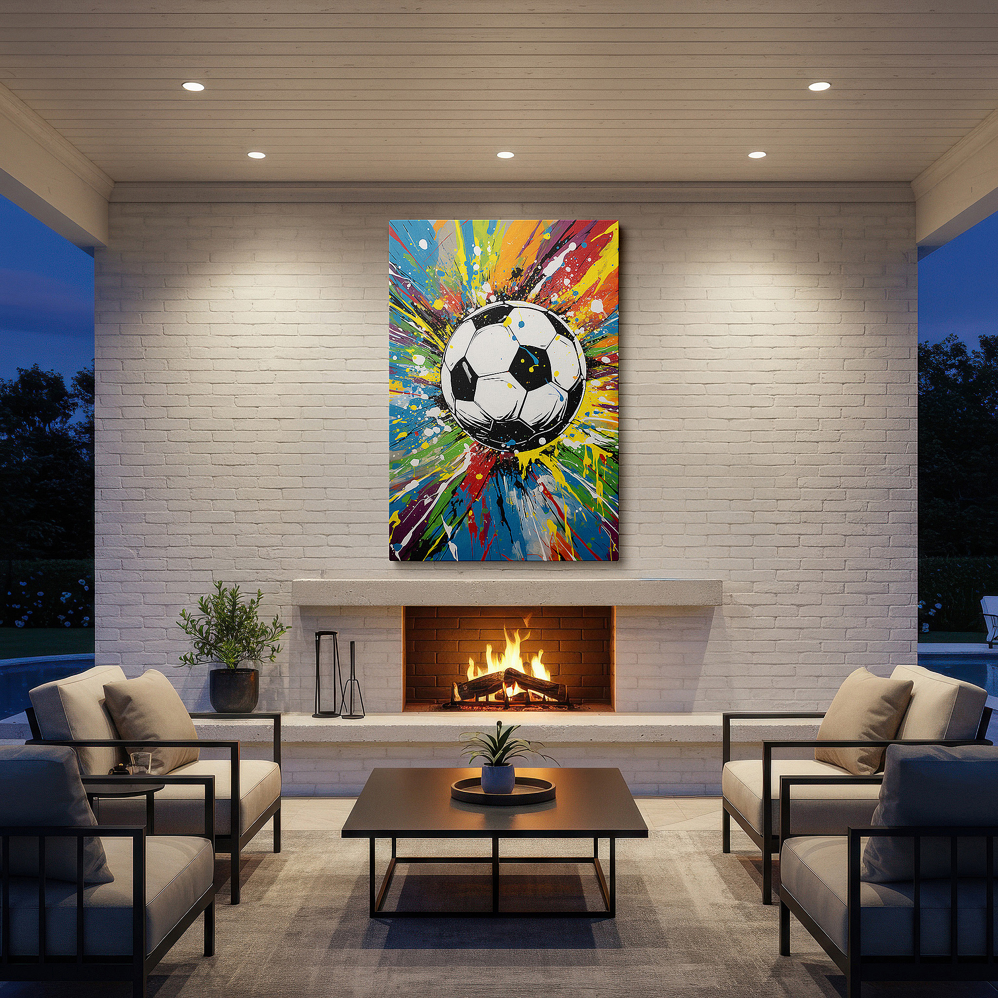 The 75×50 cm version anchors medium rooms without dominating them — soccer ball in motion: a colorful explosion celebrating global unity and passion - large canvas wall art