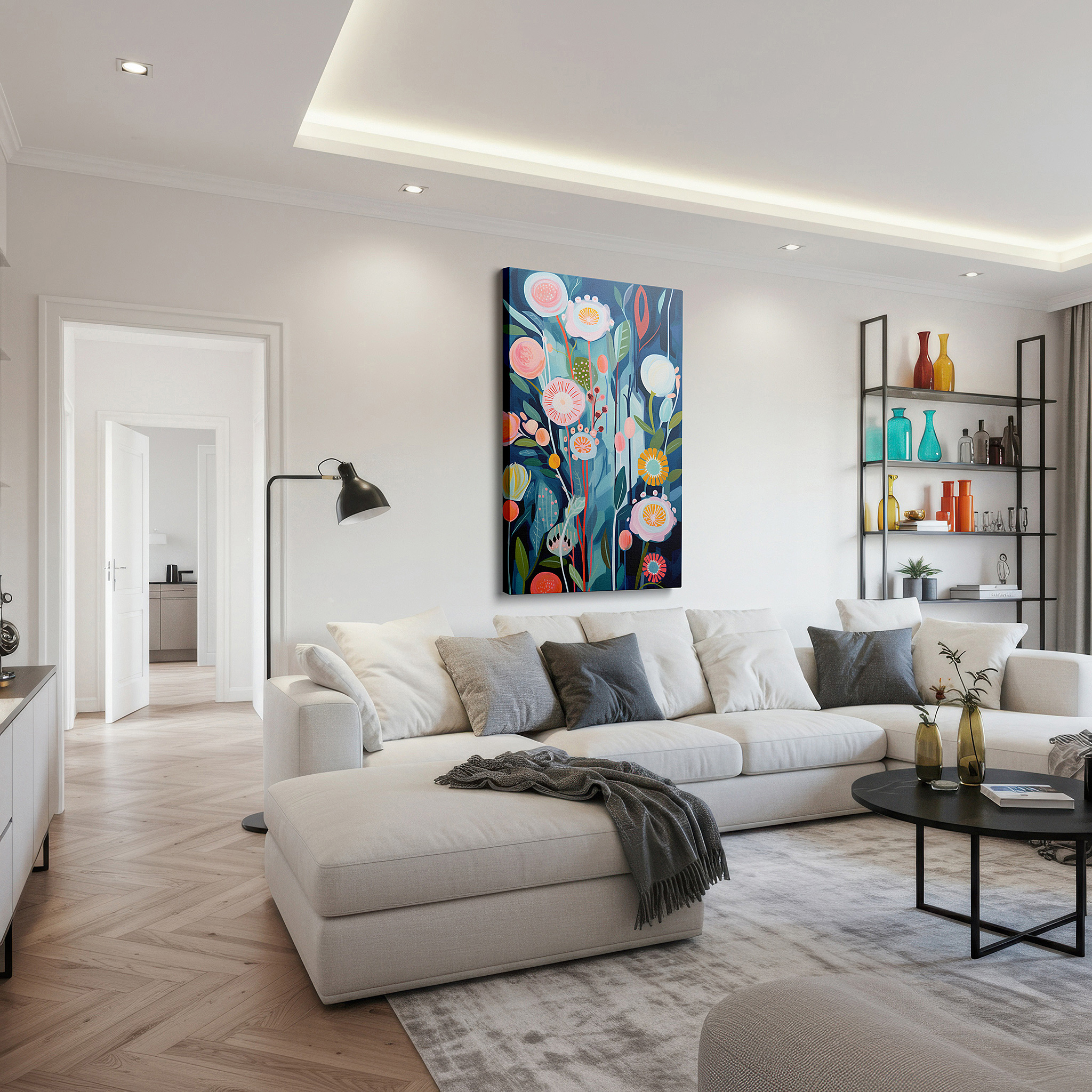 The 75×50 cm version anchors medium rooms without dominating them — soft pastel enchanting blossoms: a whimsical display of spring's joy, large canvas wall art for office decor
