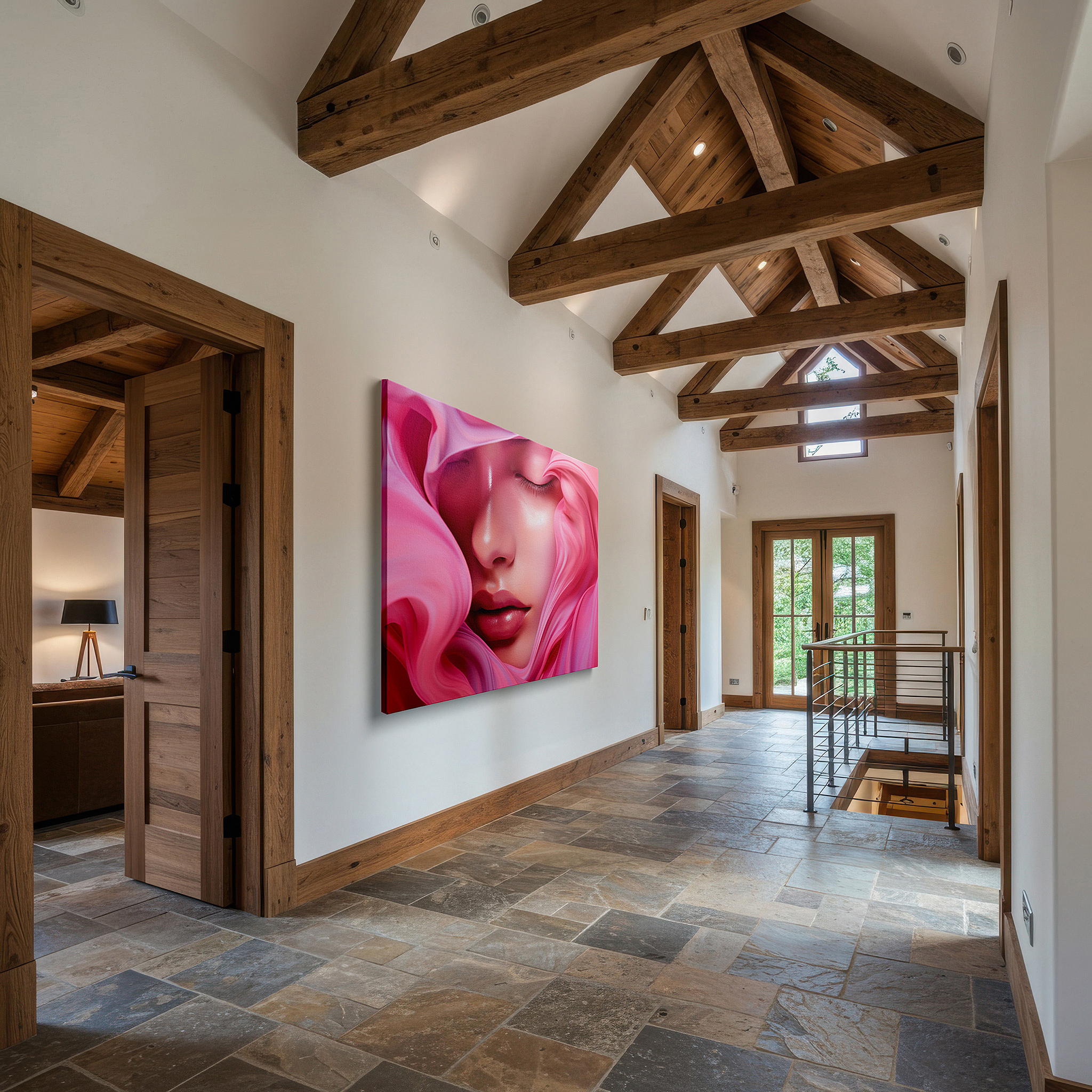 The 75×50 cm version anchors medium rooms without dominating them — soft pink fabric depicting ethereal serenity: a tranquil, introspective large wall art for peaceful decor in offices and homes