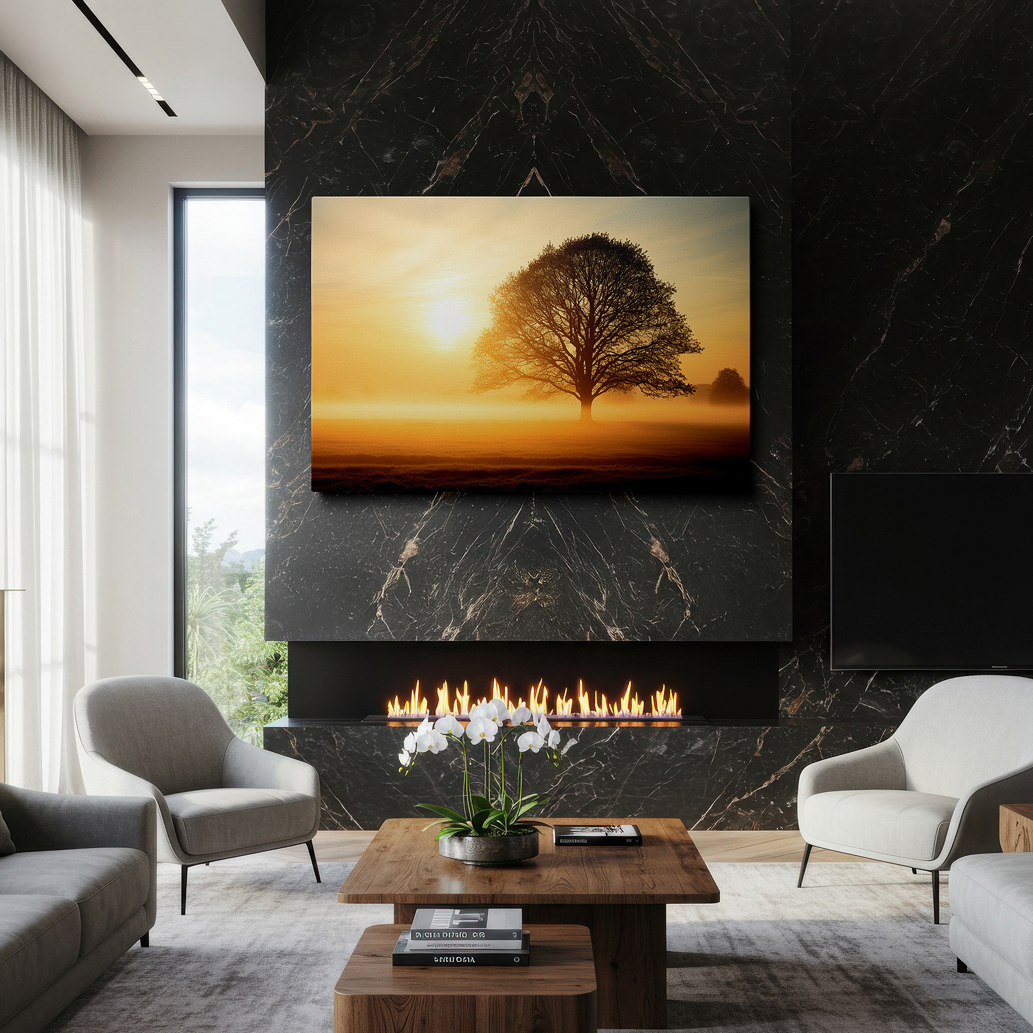 The 75×50 cm version anchors medium rooms without dominating them — solitary tree silhouetted by dawn's light, large wall art featuring a gradient from indigo to orange, canvas wall art for office and bedroom decor