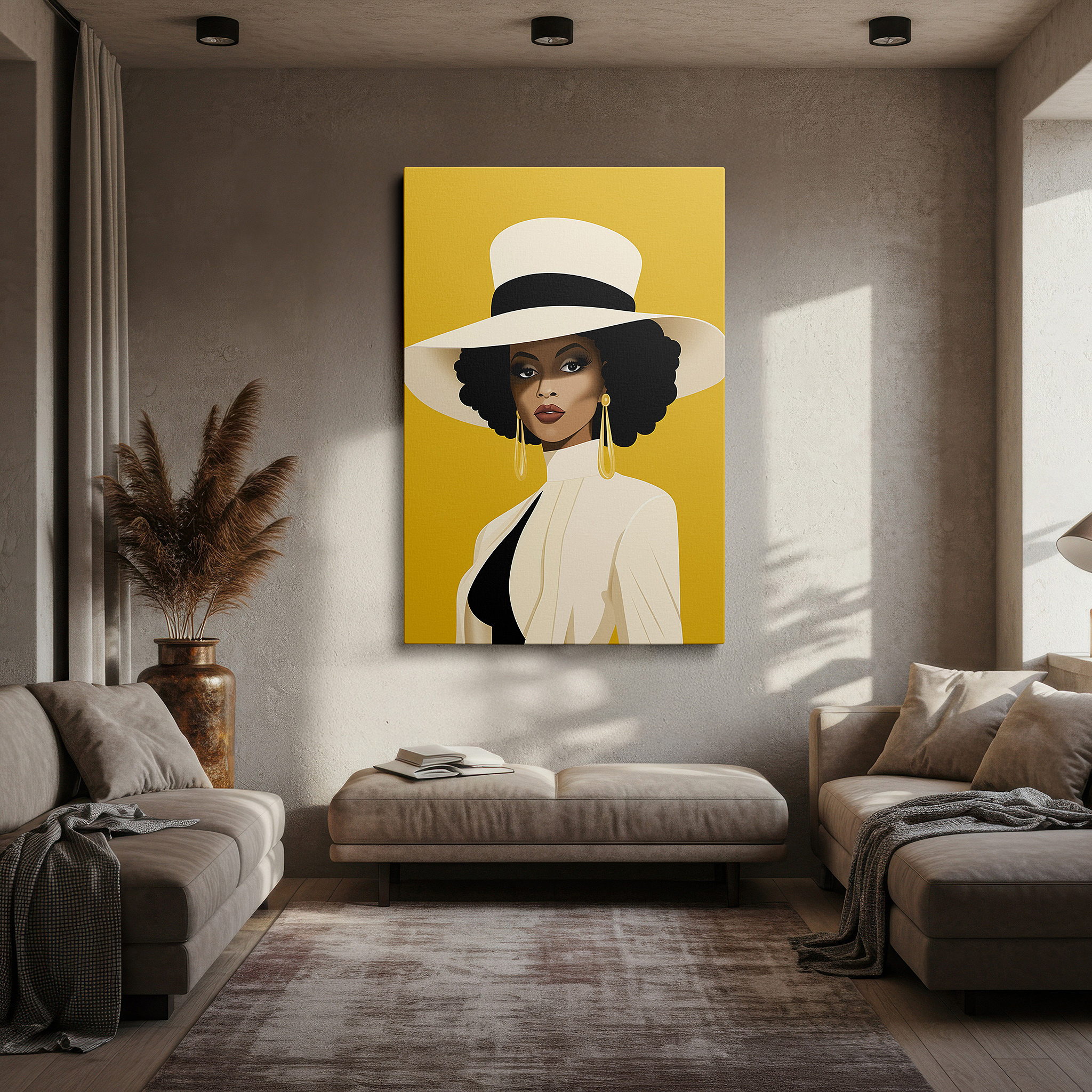 The 75×50 cm version anchors medium rooms without dominating them — sophisticated portrait with modern elegance in a chic hat, set against a vibrant yellow background - large canvas wall art for office decor