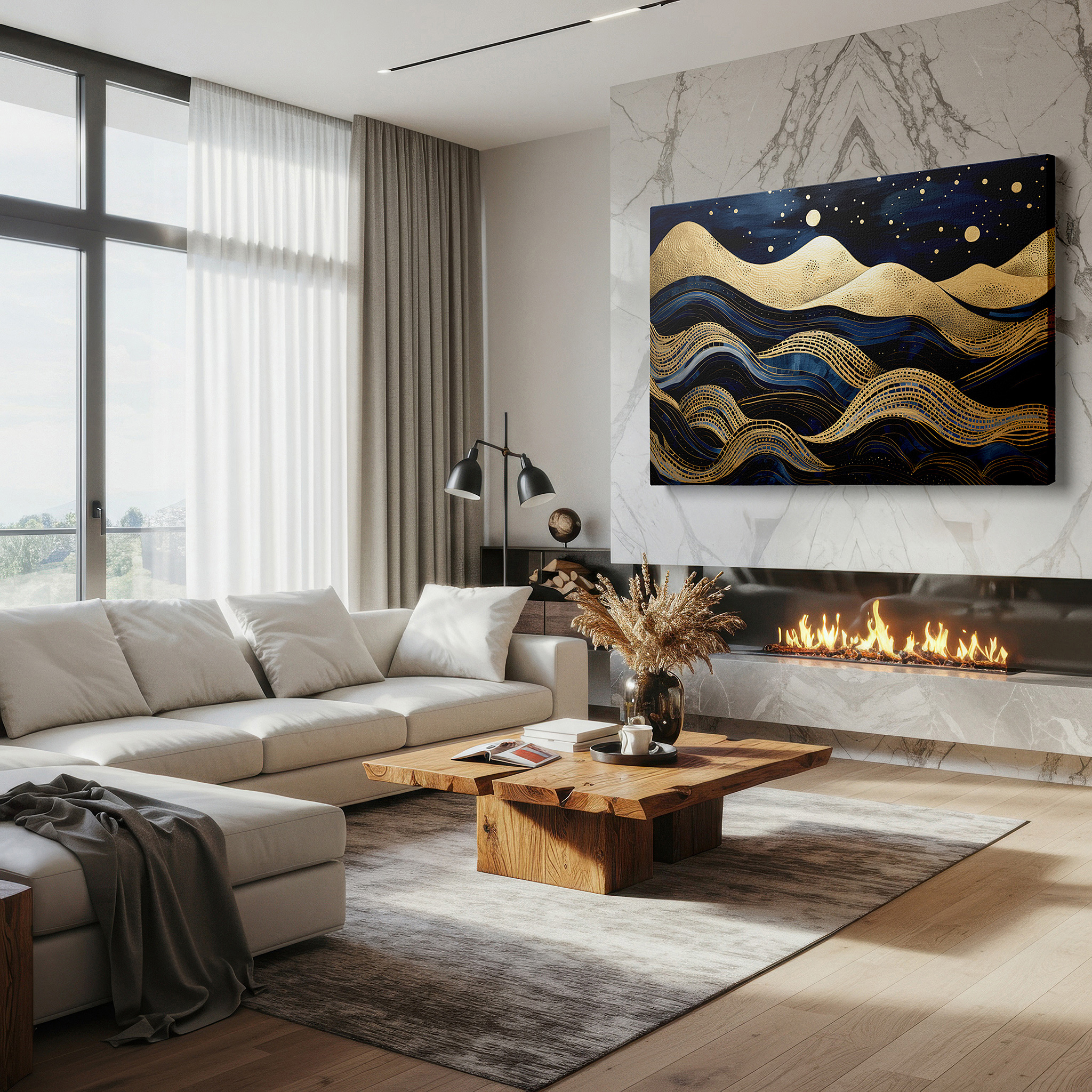 The 75×50 cm version anchors medium rooms without dominating them — starry night over mystical landscape with golden waves and ethereal hills, large canvas wall art for office decor