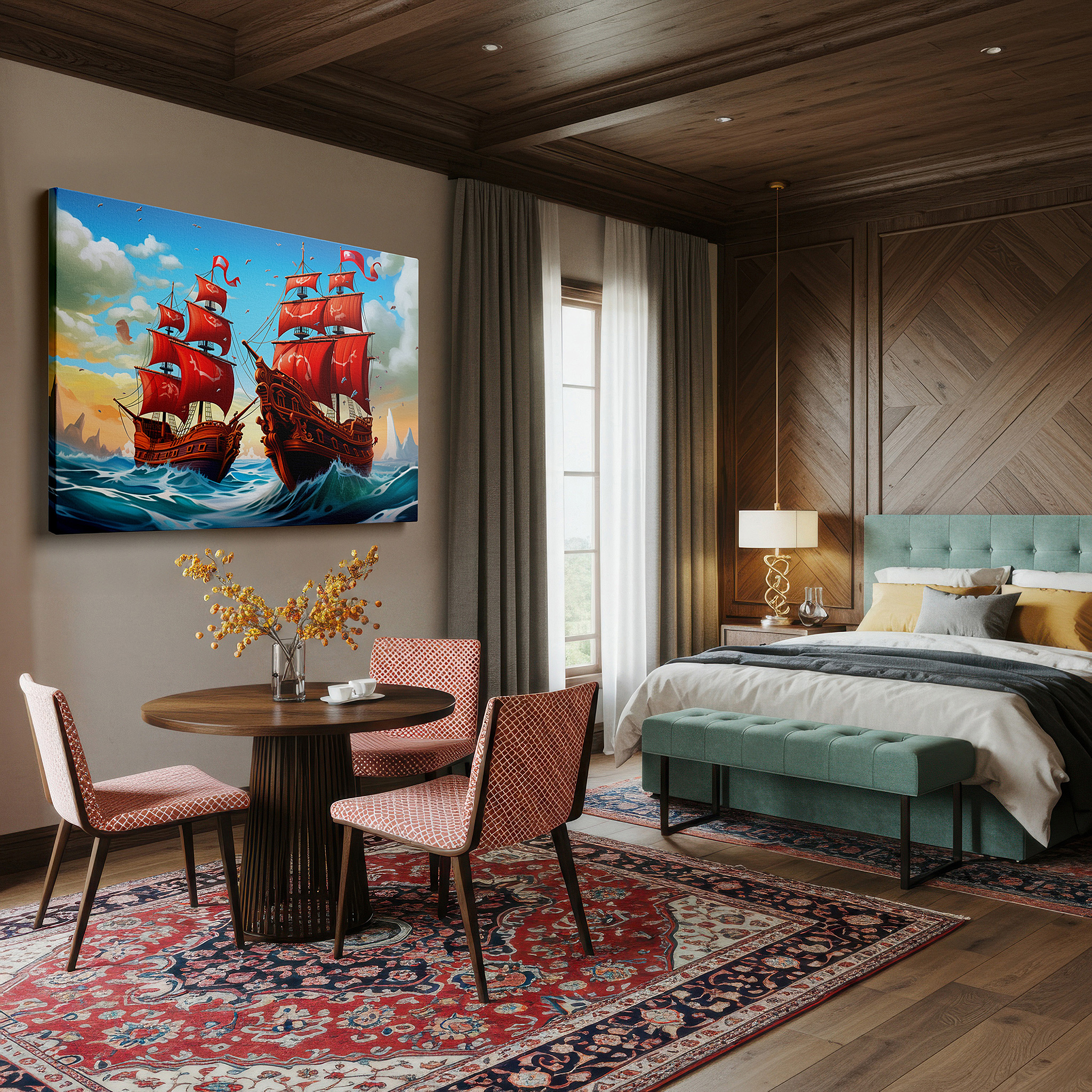 The 75×50 cm version anchors medium rooms without dominating them — stormy seas and red-sailed pirate ships large canvas wall art for office and bedroom decor
