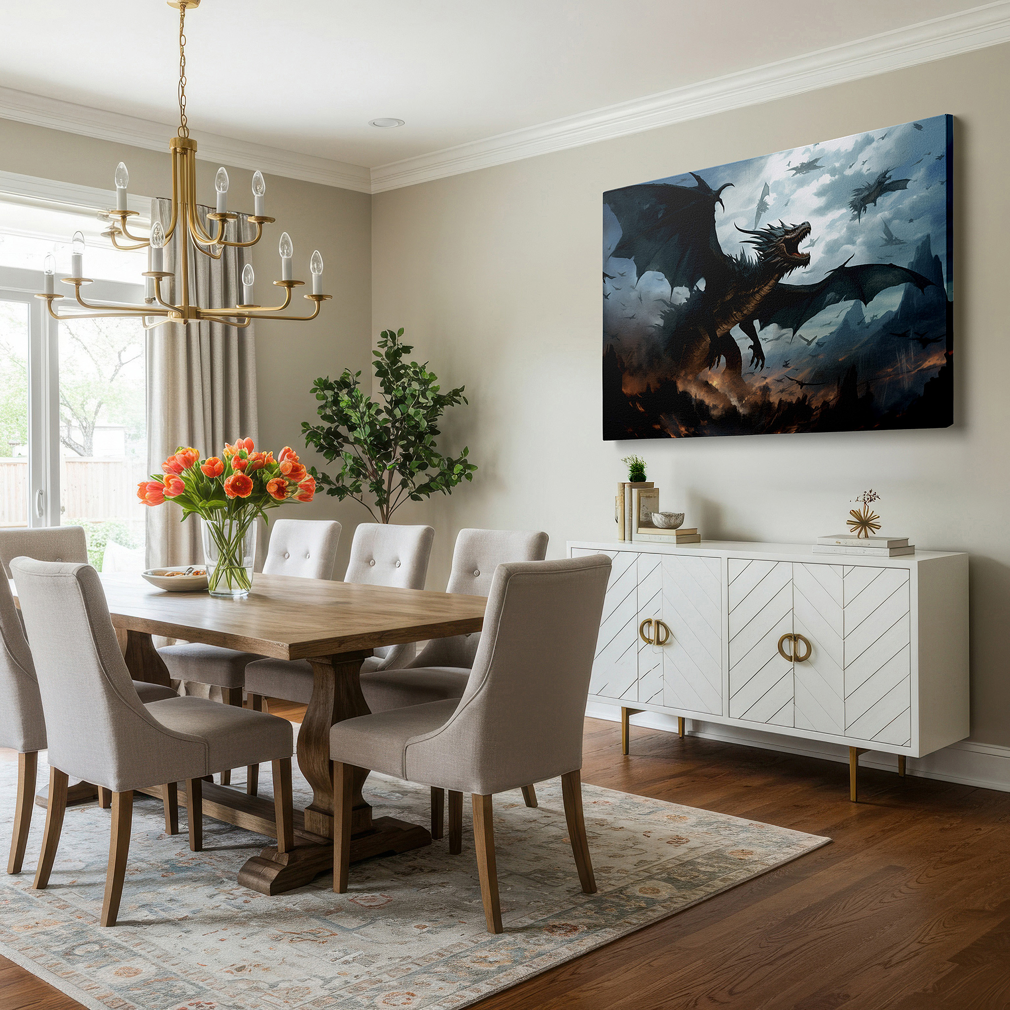 The 75×50 cm version anchors medium rooms without dominating them — stormy skies and rugged mountains featuring fearsome dragon in flight - large canvas wall art for office and bedroom decor