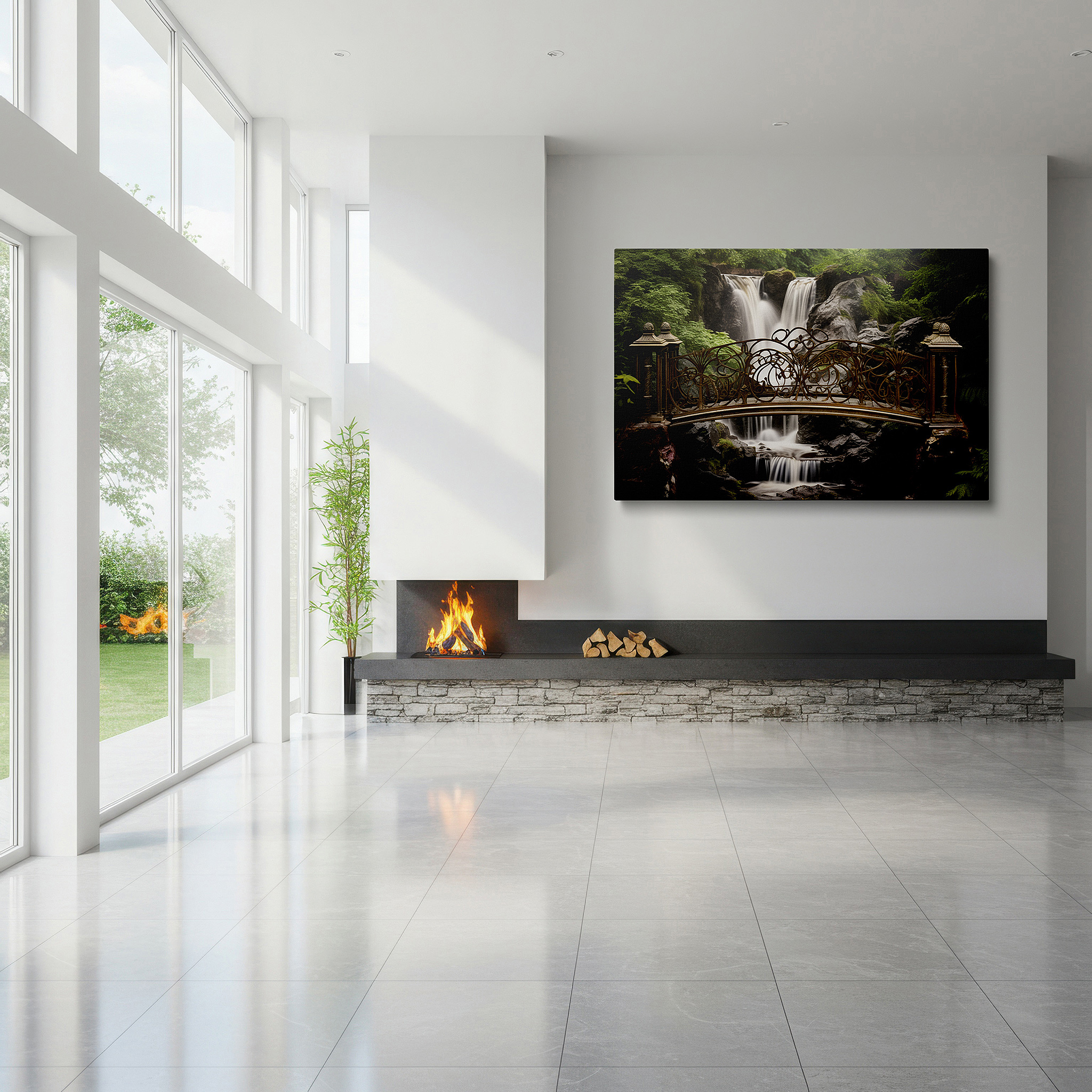 The 75×50 cm version anchors medium rooms without dominating them — stunning bridge and waterfall canvas print surrounded by verdant foliage for home and office decor