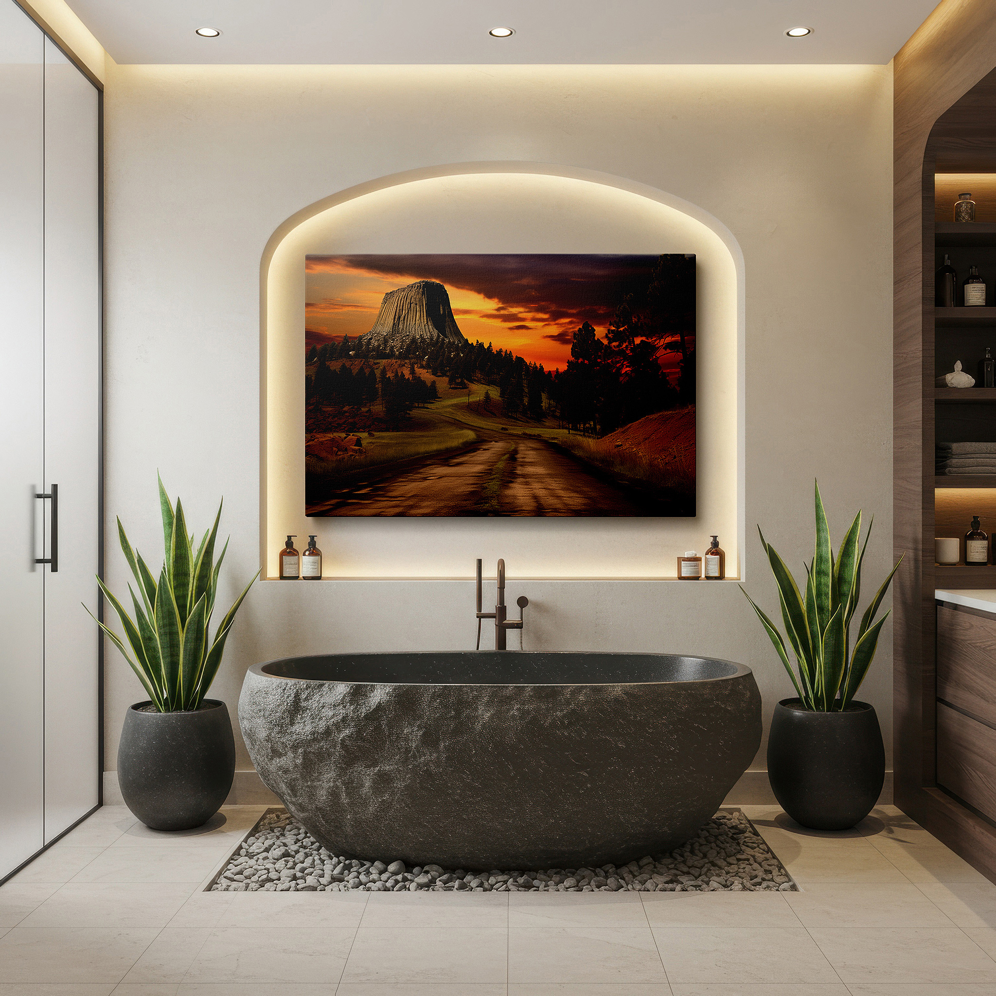 The 75×50 cm version anchors medium rooms without dominating them — stunning rock formation and sunset sky large wall art, canvas wall art, wall decor for office, bedroom, and living room