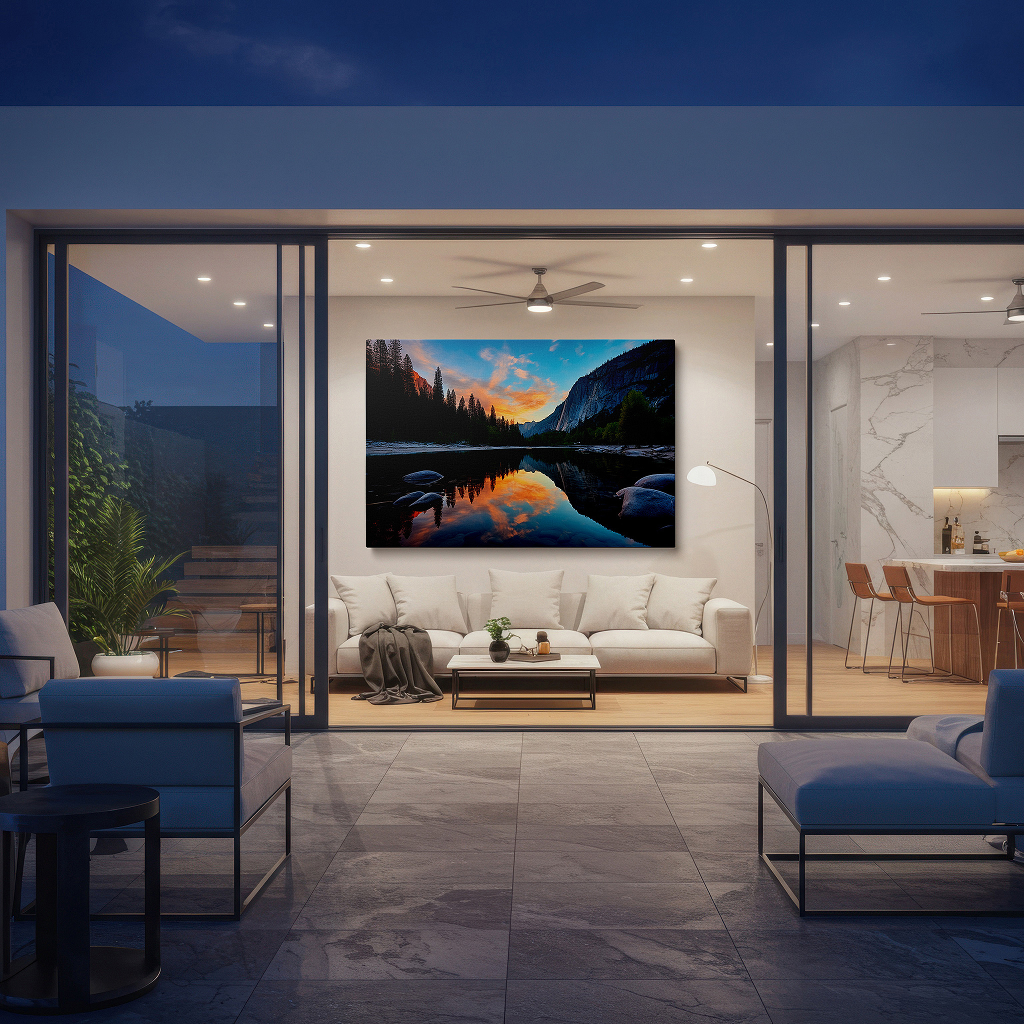 The 75×50 cm version anchors medium rooms without dominating them — sunset serenity over tranquil mountain lake: large canvas wall art depicting nature's peaceful grandeur for home and office decor