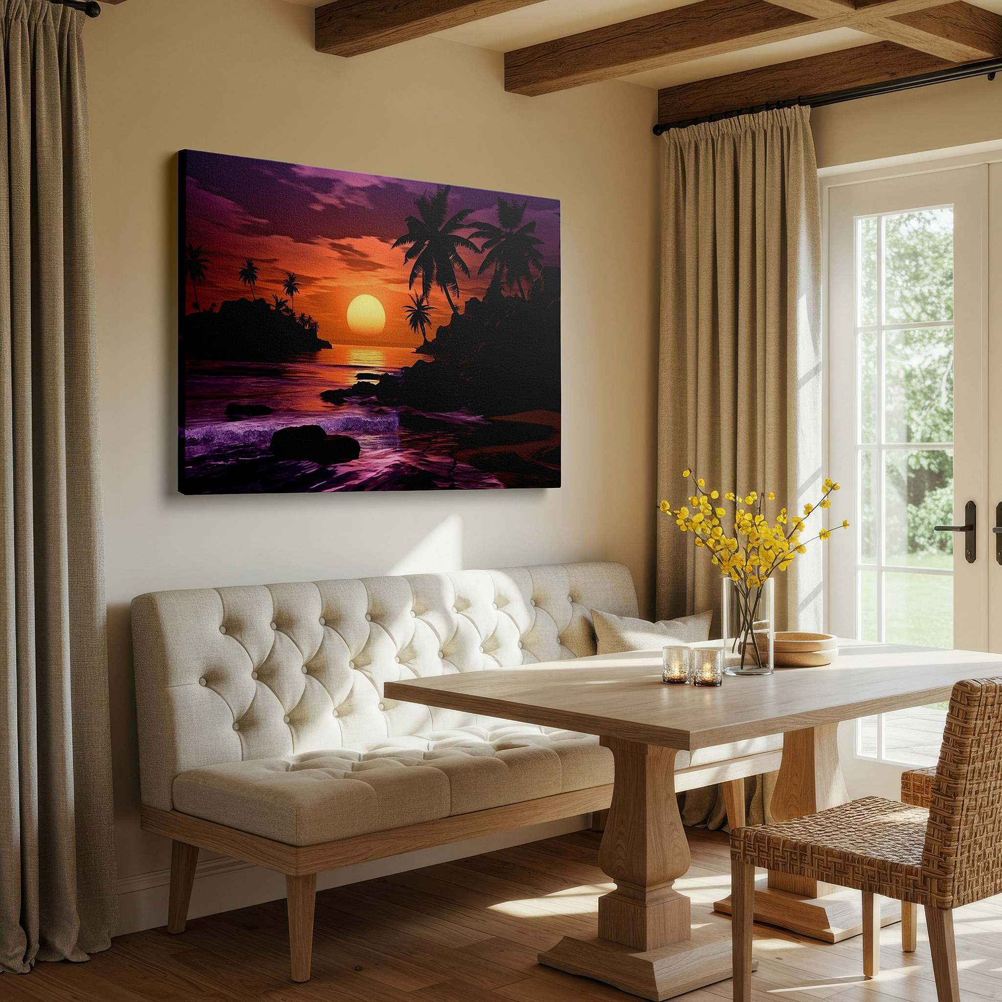 The 75×50 cm version anchors medium rooms without dominating them — sunset in tropical paradise with glowing sun, majestic palms, and peaceful sea - large canvas wall art for office and bedroom decor