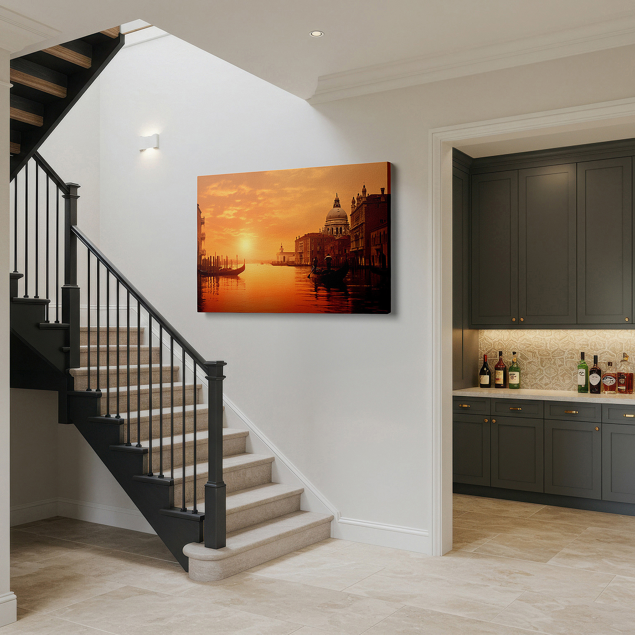 The 75×50 cm version anchors medium rooms without dominating them — sunset over venice wall art: serene canalscape with gondolas and gothic architecture - large canvas art for home and office decor