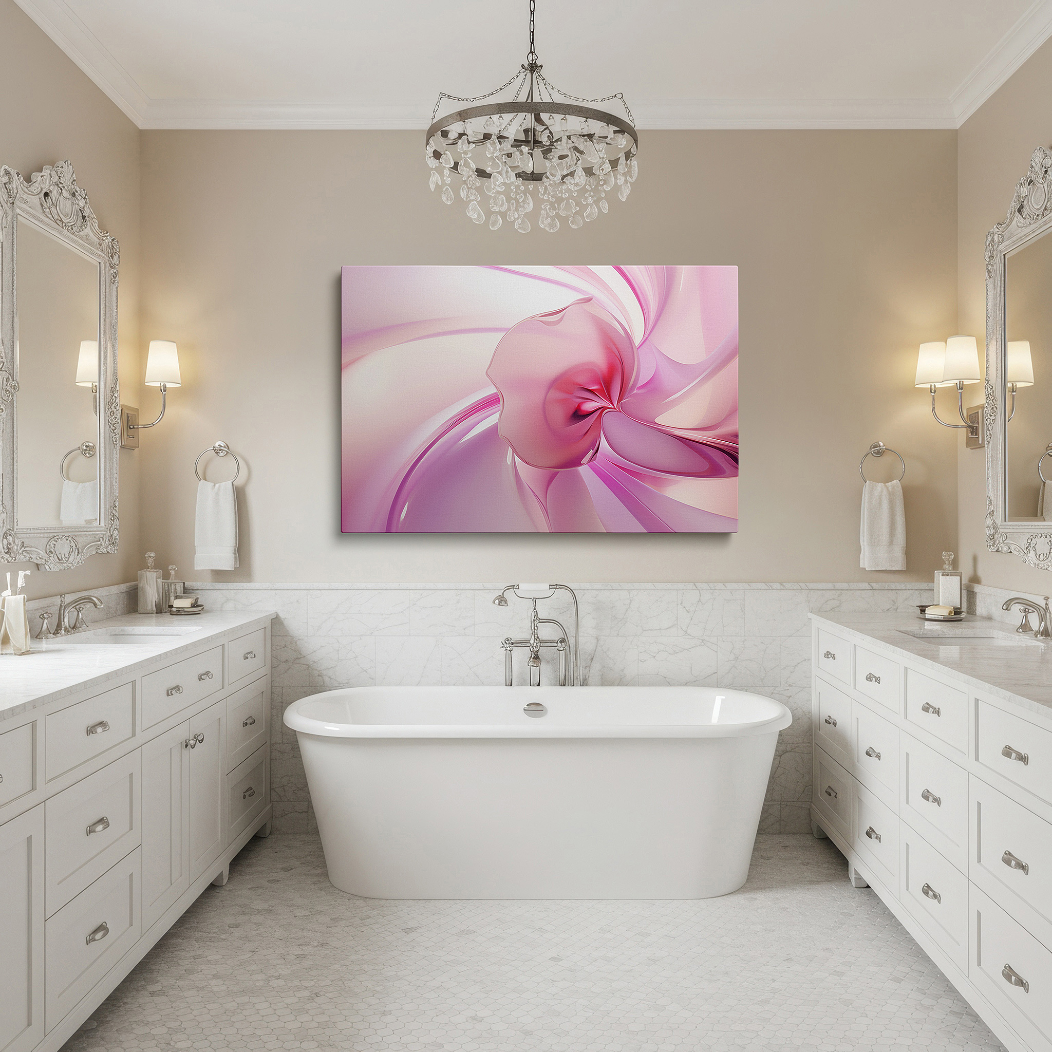The 75×50 cm version anchors medium rooms without dominating them — swirling pink petals in constant motion: a modern masterpiece of change and fleeting beauty - large wall art, canvas wall art, wall decor