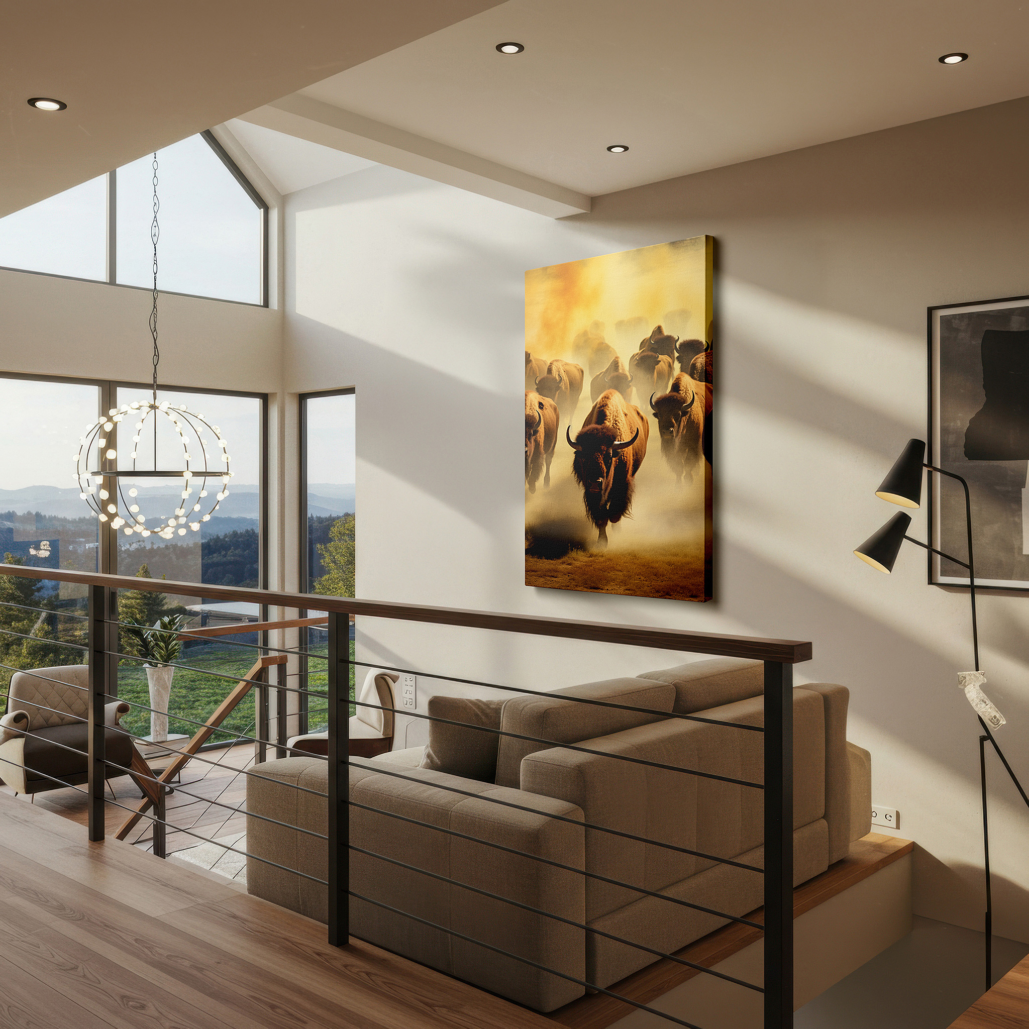 The 75×50 cm version anchors medium rooms without dominating them — thundering herd across the plains - dynamic buffalo movement large wall art, canvas wall art, wall decor for office and bedroom