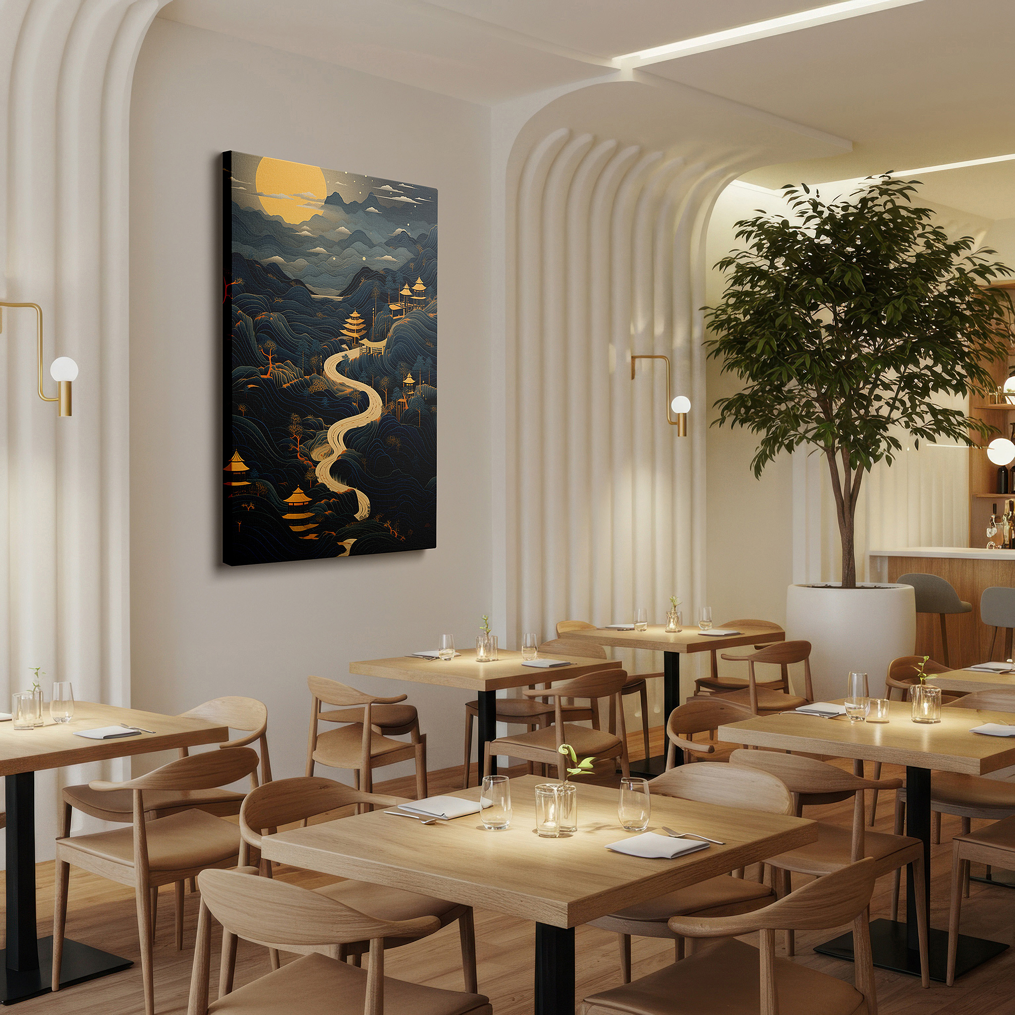 The 75×50 cm version anchors medium rooms without dominating them — tranquil mountain landscape featuring classic pagodas beneath a full moon's soft light - large canvas wall art for home and office decor