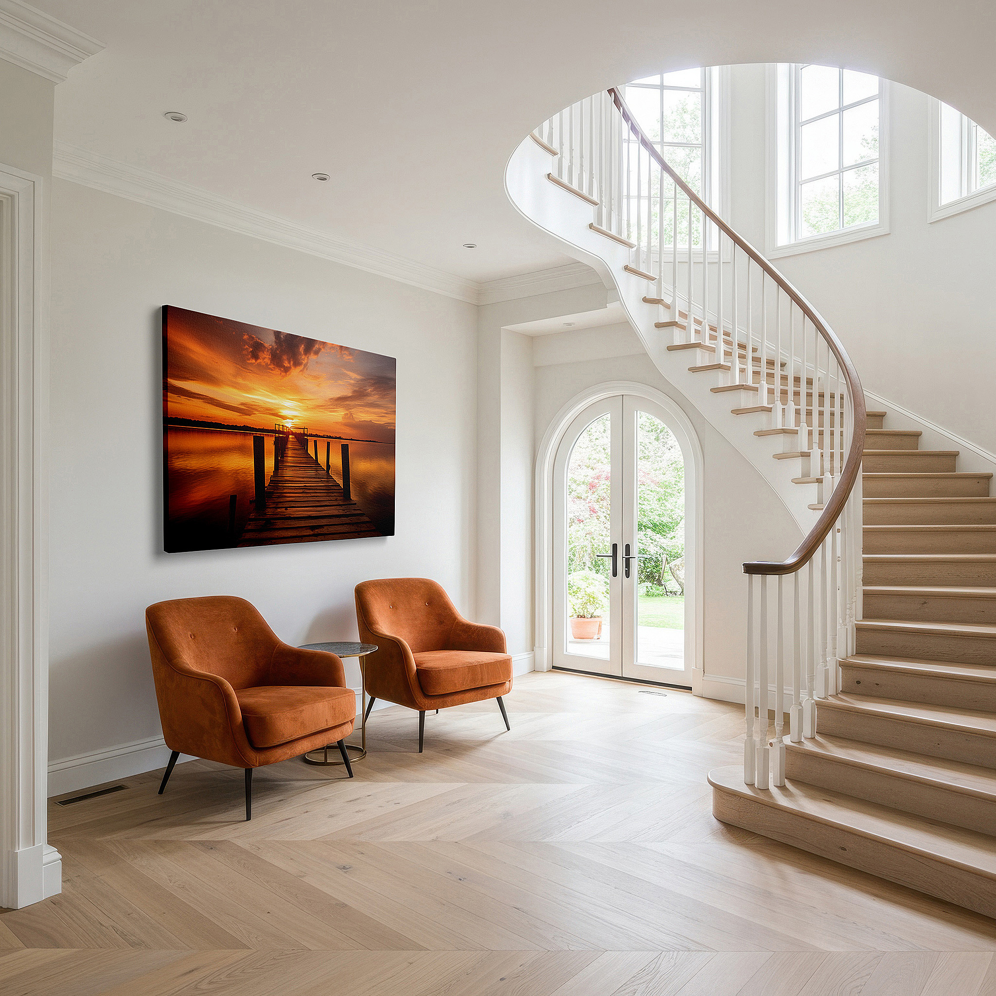 The 75×50 cm version anchors medium rooms without dominating them — tranquil sunset and weathered dock wall art: serene nature reflections - large canvas for home and office decor, perfect for bedrooms